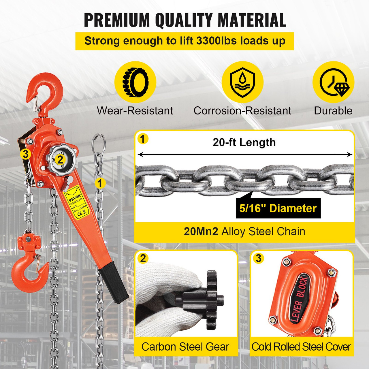 Ratcheting Lever Block Chain Hoist Come Along 1-1/2ton 20ftusa