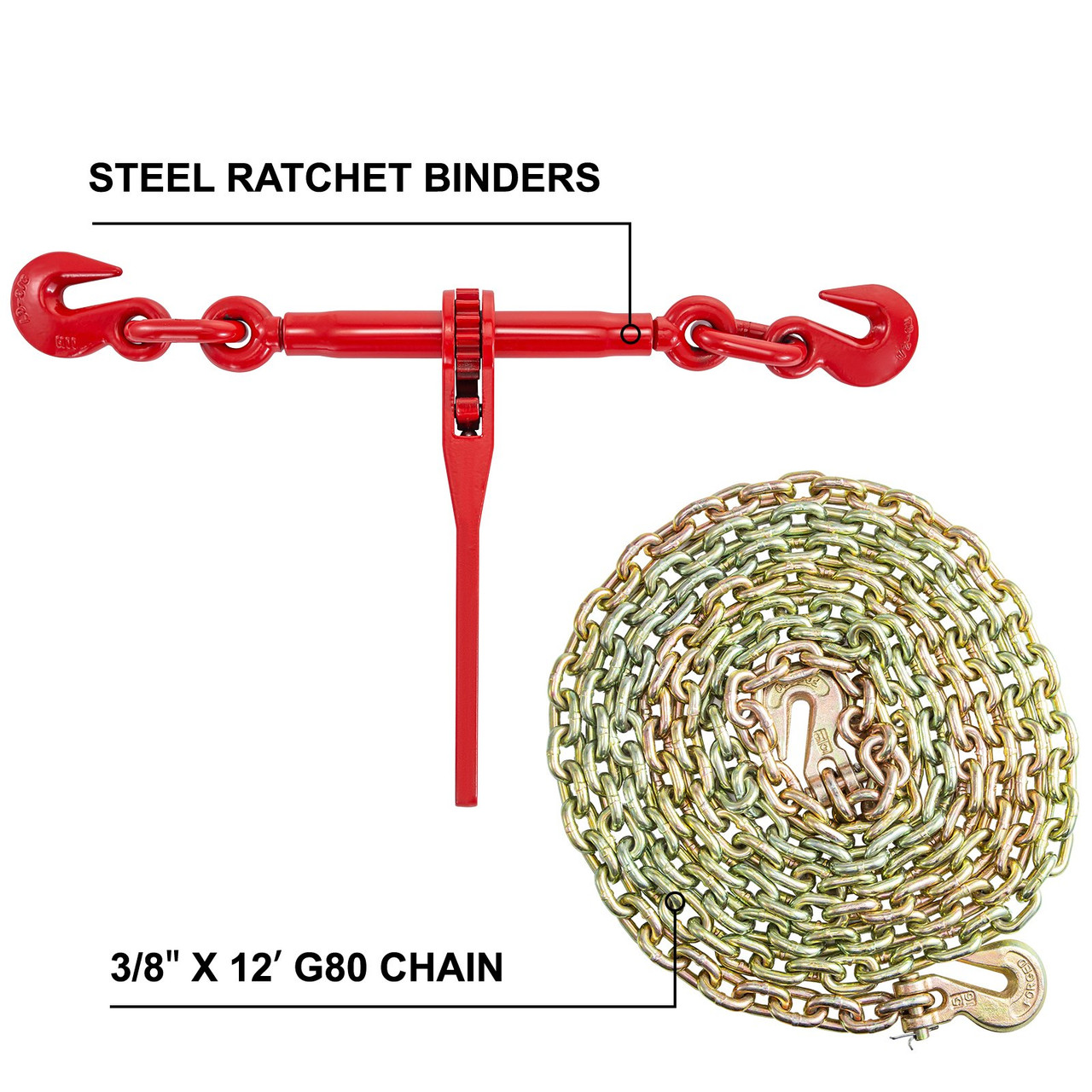 Chain and Binder Kit 3/8in-1/2in, Ratchet Load Binders 9215lbs Working Strength, Ratchet Binders and Chains, 3/8in x 12ft Chains w/ G70 Hooks, for Truck, Tie Down, Hauling, Towing