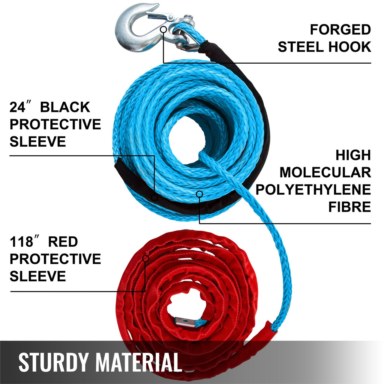 Synthetic Winch Rope 3/8in x 100ft, Winch Line Cable with G70 Hook 18,740lbs Working Strength, 12 Strands, Synthetic Winch Cable w/Protective Sleeve, for Vehicles Towing, Blue