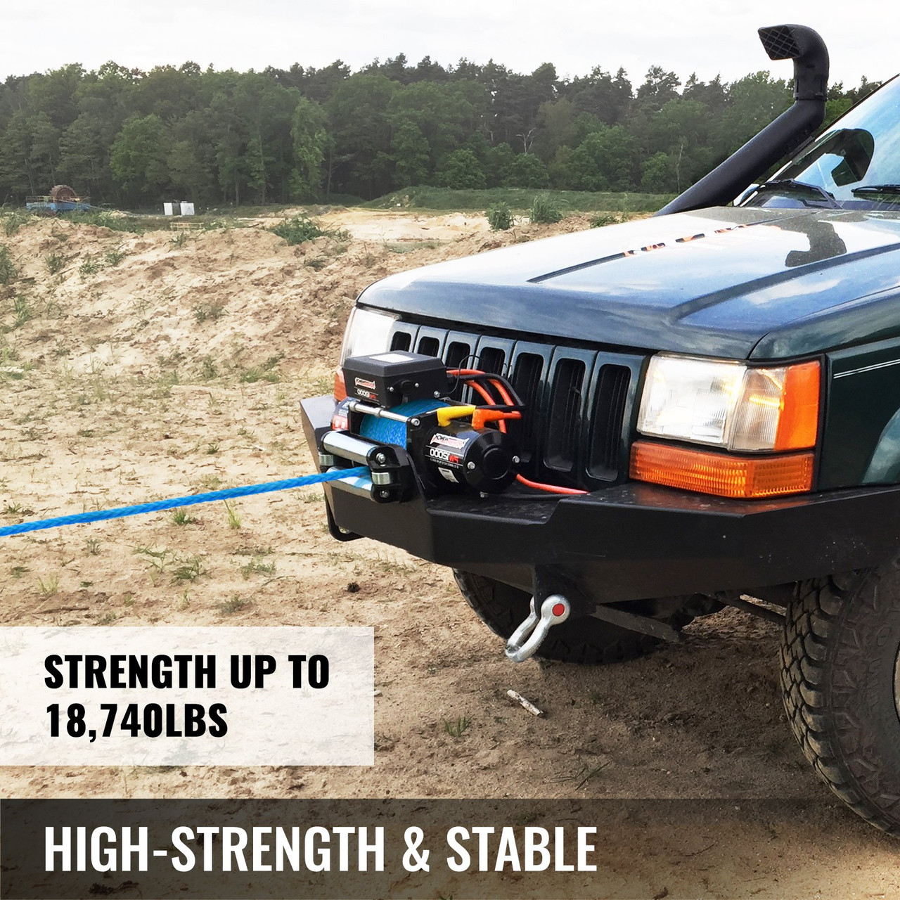 Synthetic Winch Rope 3/8in x 100ft, Winch Line Cable with G70 Hook 18,740lbs Working Strength, 12 Strands, Synthetic Winch Cable w/Protective Sleeve, for Vehicles Towing, Blue