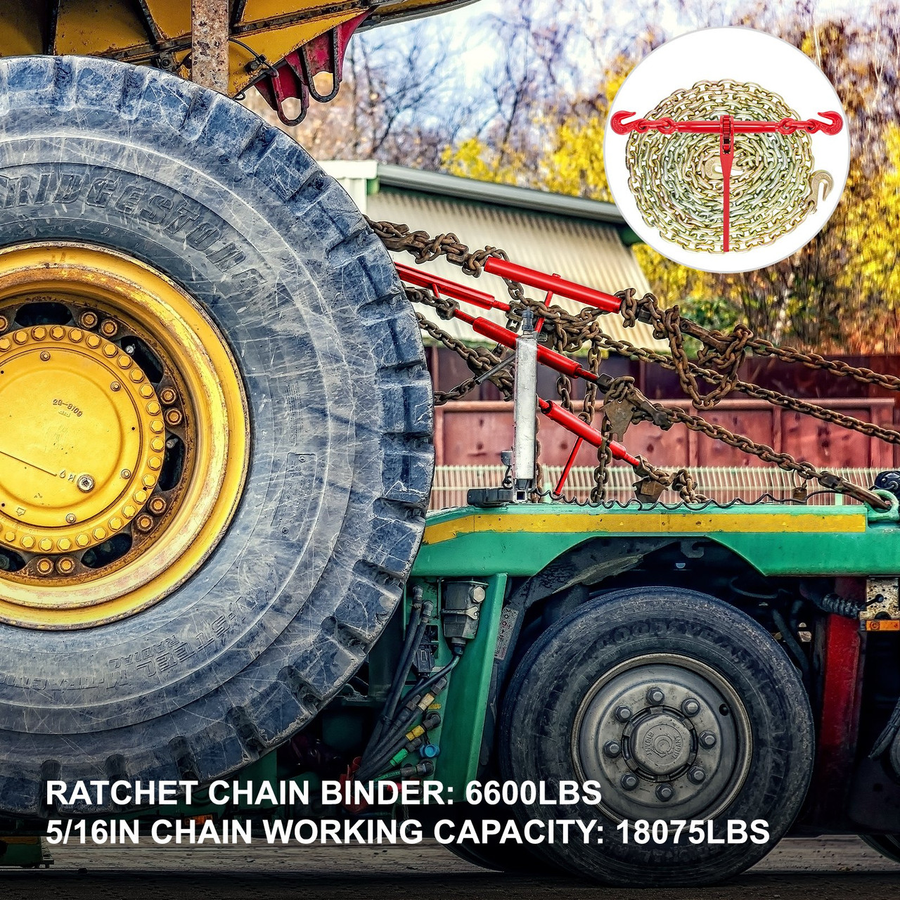 Chain and Binder Kit 5/16in-3/8in, Ratchet Load Binders 6600lbs Working Strength, Ratchet Binders and Chains, 5/16in x 12ft Chains w/ G70 Hooks, for Truck, Tie Down, Hauling, Towing