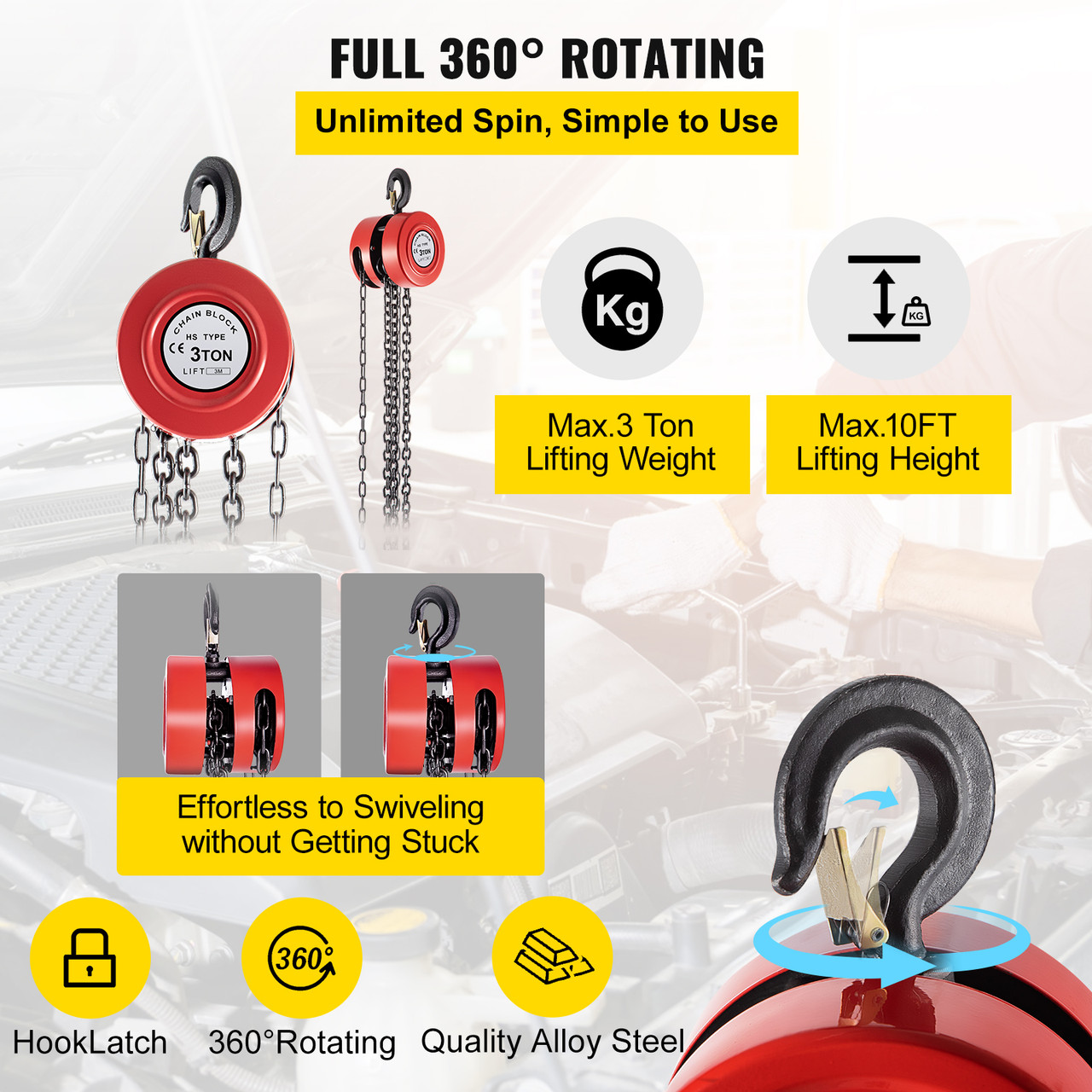Hand Chain Hoist, 6600 lbs /3 Ton Capacity Chain Block, 10ft/3m Lift Manual Hand Chain Block, Manual Hoist w/Industrial-Grade Steel Construction for Lifting Good in Transport & Workshop, Red