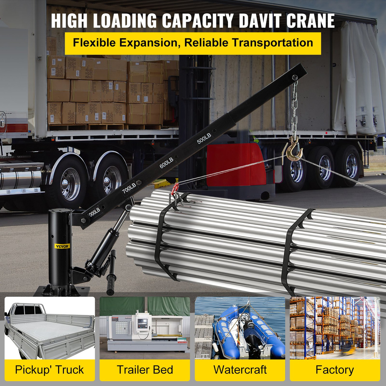 Davit Crane, 1100lbs Pickup Truck Crane, 360øSwivel Design, Hydraulic Crane Hoist Telescopic Hoist Crane for Truck, Crane Hitch for Lifting Goods in Construction, Factory, and Transport