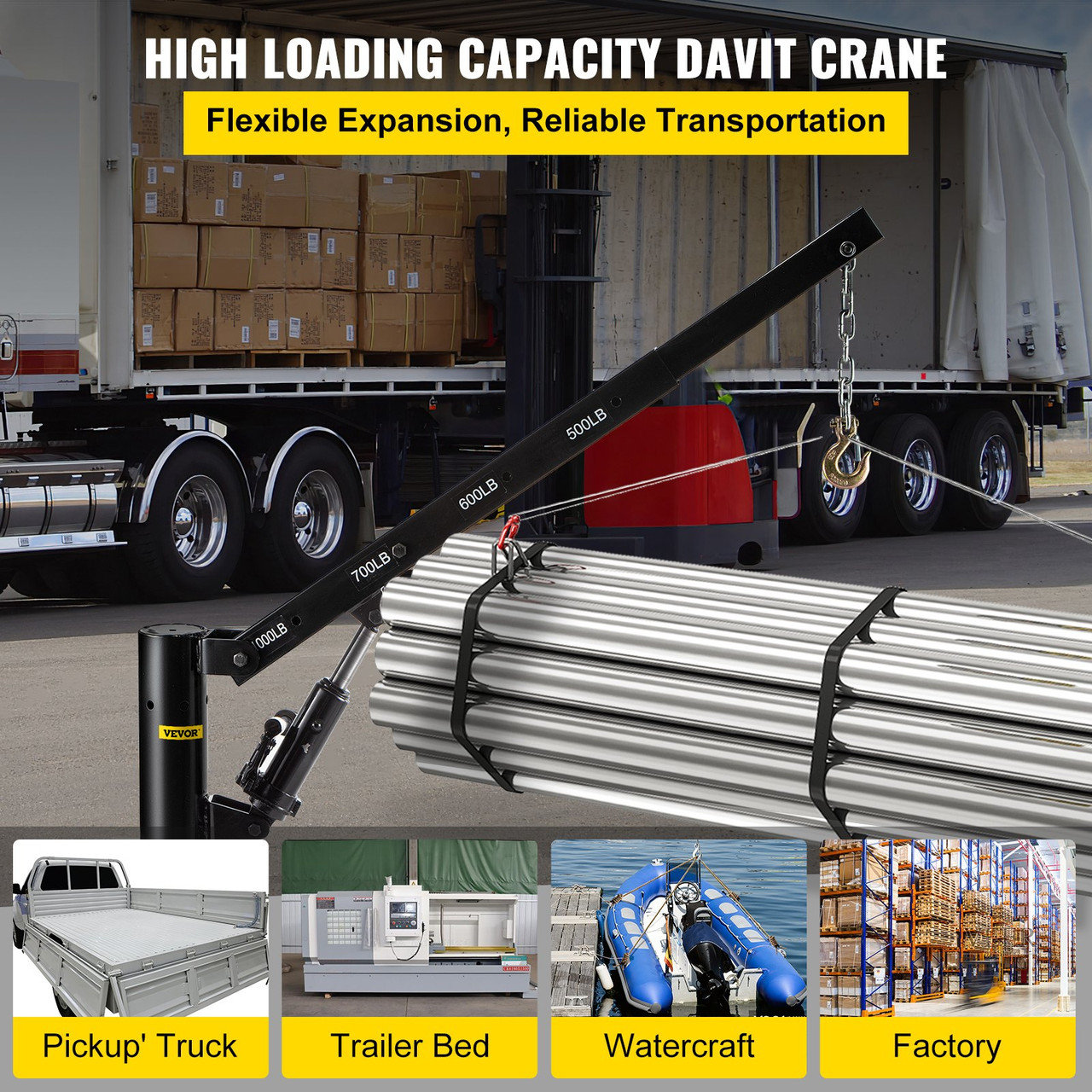 Davit Crane 1000lbs Pickup Truck Crane 360Ã¸Swivel Design, Hydraulic Crane Hoist Telescopic Hoist Crane for Truck, Crane Hitch for Lifting Goods in Construction, Forestry, Factory, and Transport