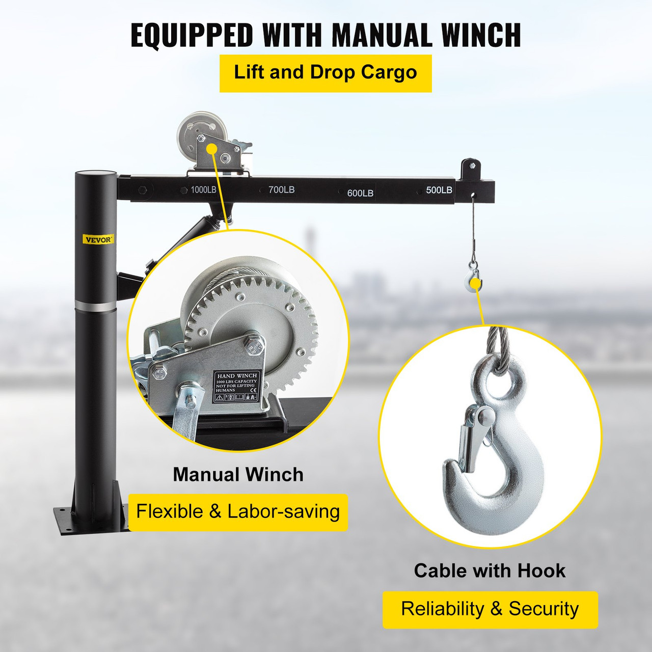 Davit Crane, 1000lbs Pickup Truck Crane, 360øSwivel Design, Hydraulic Cable Winch Telescopic Hoist Crane for Truck, Crane Hitch for Lifting Goods in Construction, Factory, and Transport