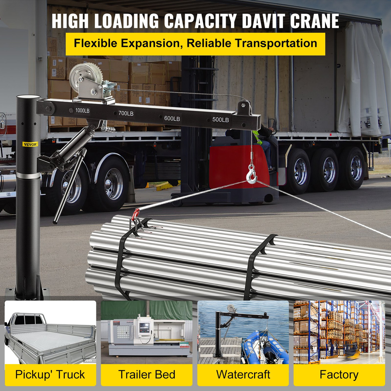 Davit Crane, 1000lbs Pickup Truck Crane, 360øSwivel Design, Hydraulic Cable Winch Telescopic Hoist Crane for Truck, Crane Hitch for Lifting Goods in Construction, Factory, and Transport
