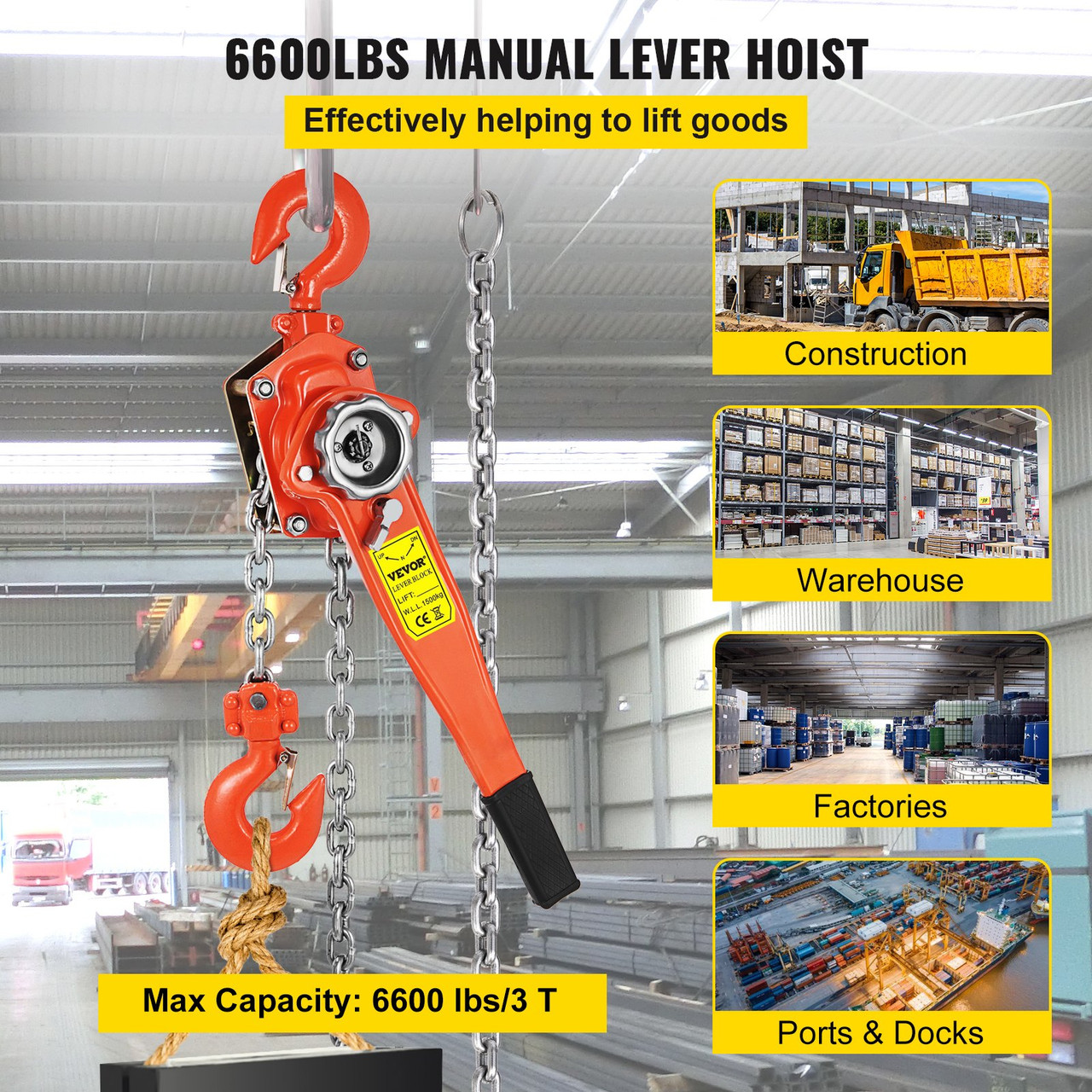 6600lbs 5ft Ratcheting Lever Block Chain Hoist Come Along Puller Pulley
