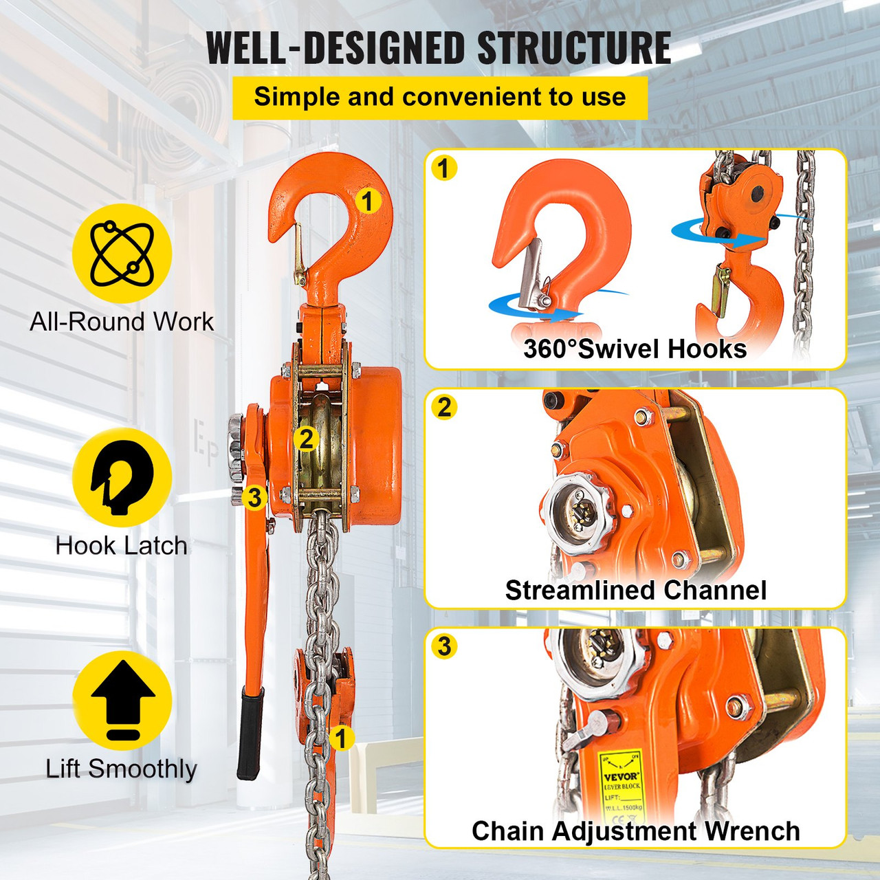 Chain Hoist Lever Hoist 0.75t Capacity With 3m Chain And Heavy Duty Hooks