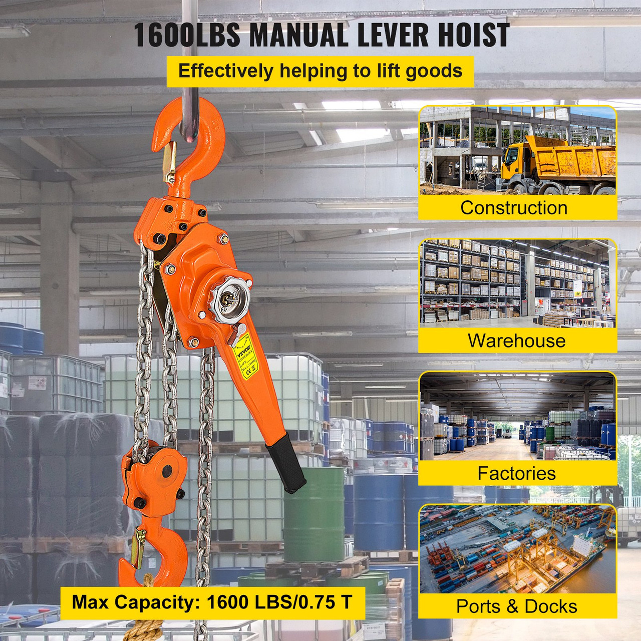 Chain Hoist Lever Hoist 0.75t Capacity With 3m Chain And Heavy Duty Hooks