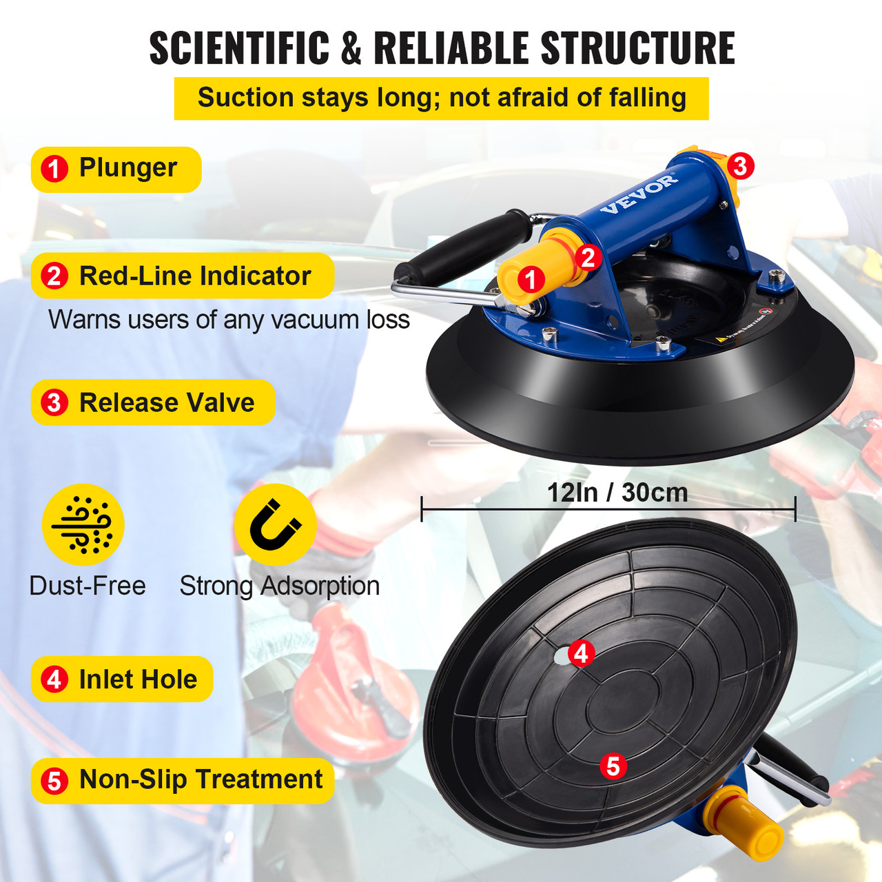12'' Vacuum Suction Cup Glass Lifter 330lbs Load w/ Metal Handle