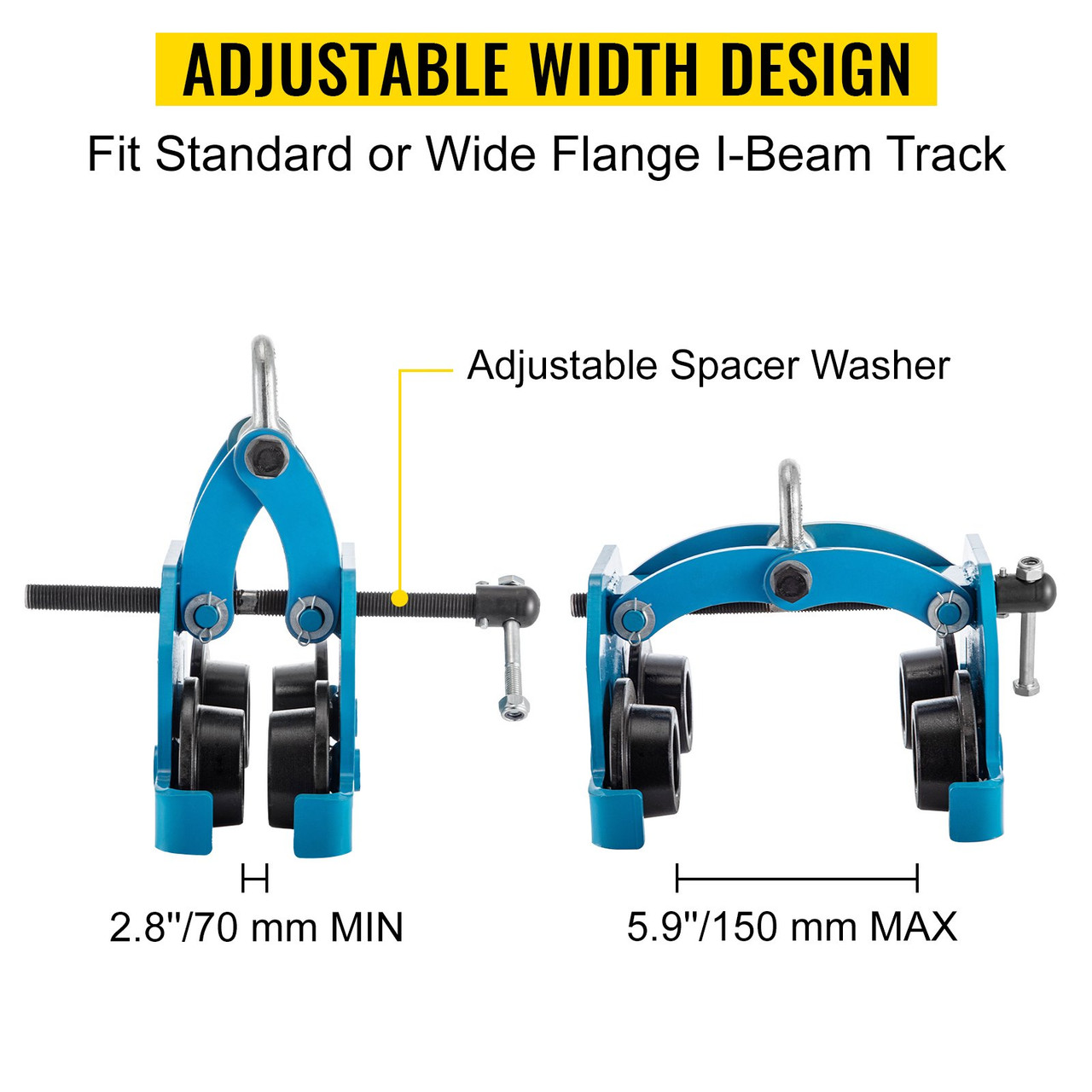 Manual Trolley, 1100LBS/0.5Ton Load Capacity Beam Trolley, 2.8-5.9inch Adjustable Width Push Beam, Track Roller Trolley Steel with Dual Wheels Garage Hoist for Straight Curved I Beam
