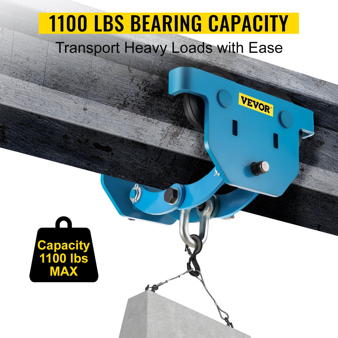 Manual Trolley, 1100LBS/0.5Ton Load Capacity Beam Trolley, 2.8-5.9inch Adjustable Width Push Beam, Track Roller Trolley Steel with Dual Wheels Garage Hoist for Straight Curved I Beam