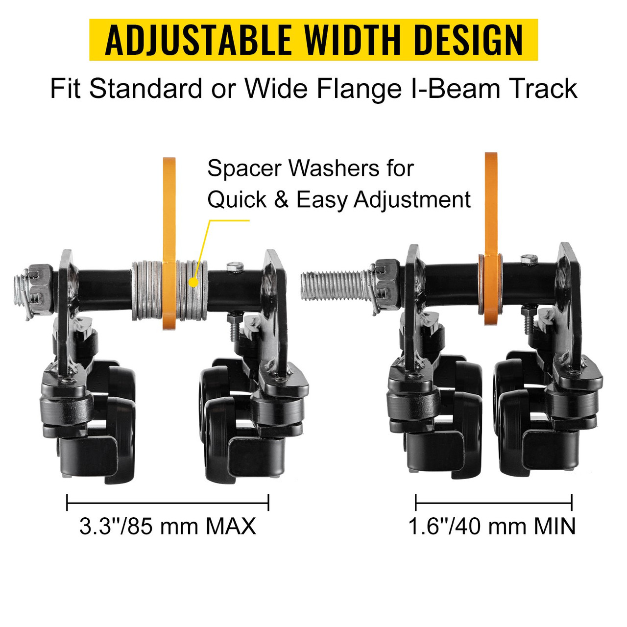 Beam Trolley 1100 LBS/0.5 Ton Capacity with Side Guide Rollers 1.6"-3.3" Adjustable Width