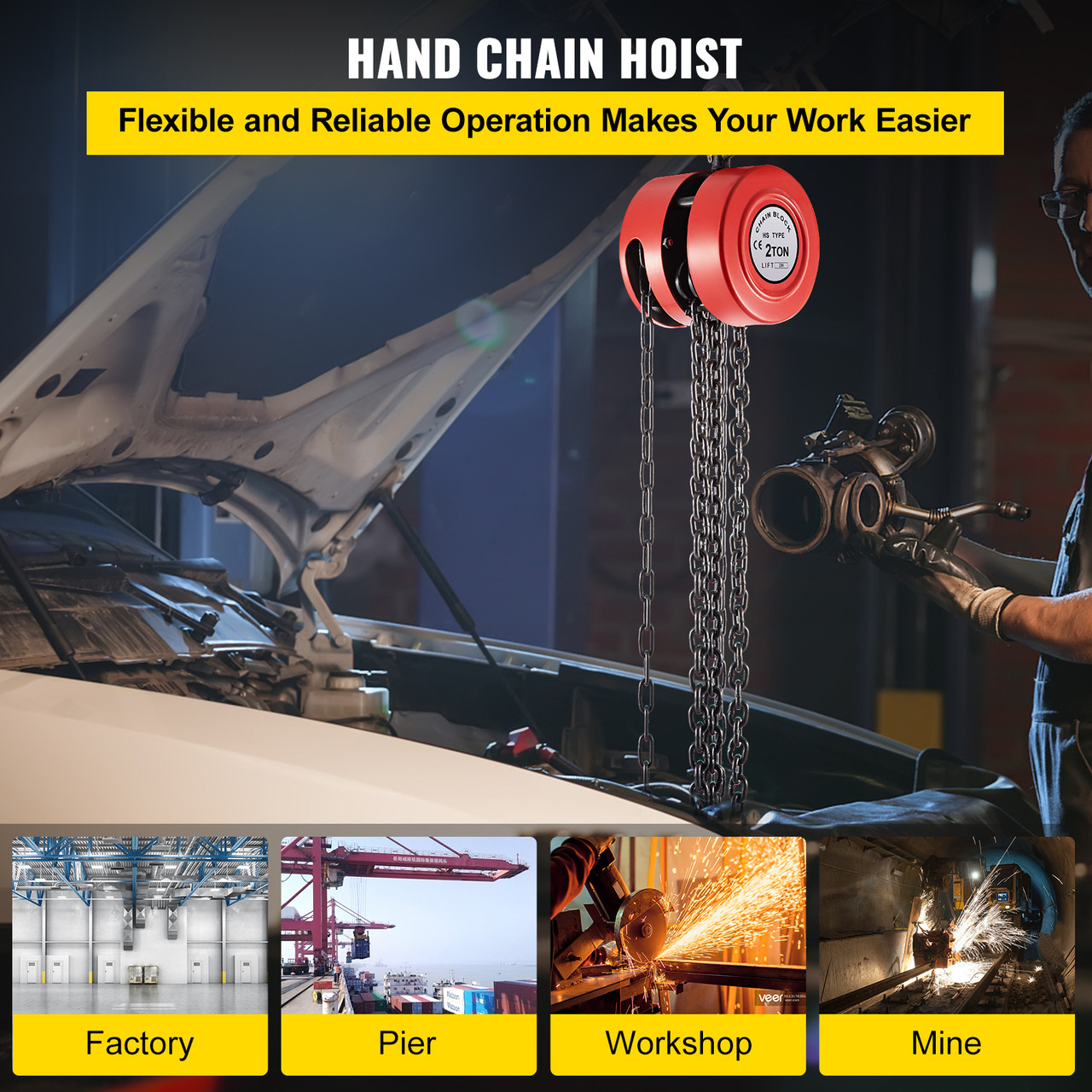 Hand Chain Hoist, 4400 lbs /2 Ton Capacity Chain Block, 7ft/2m Lift Manual Hand Chain Block, Manual Hoist w/Industrial-Grade Steel Construction for Lifting Good in Transport & Workshop, Red