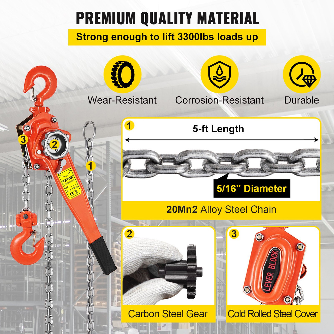 1-1/2 Ton Lever Block Chain Hoist Ratchet Type Comealong Puller Lifter 5 Feet