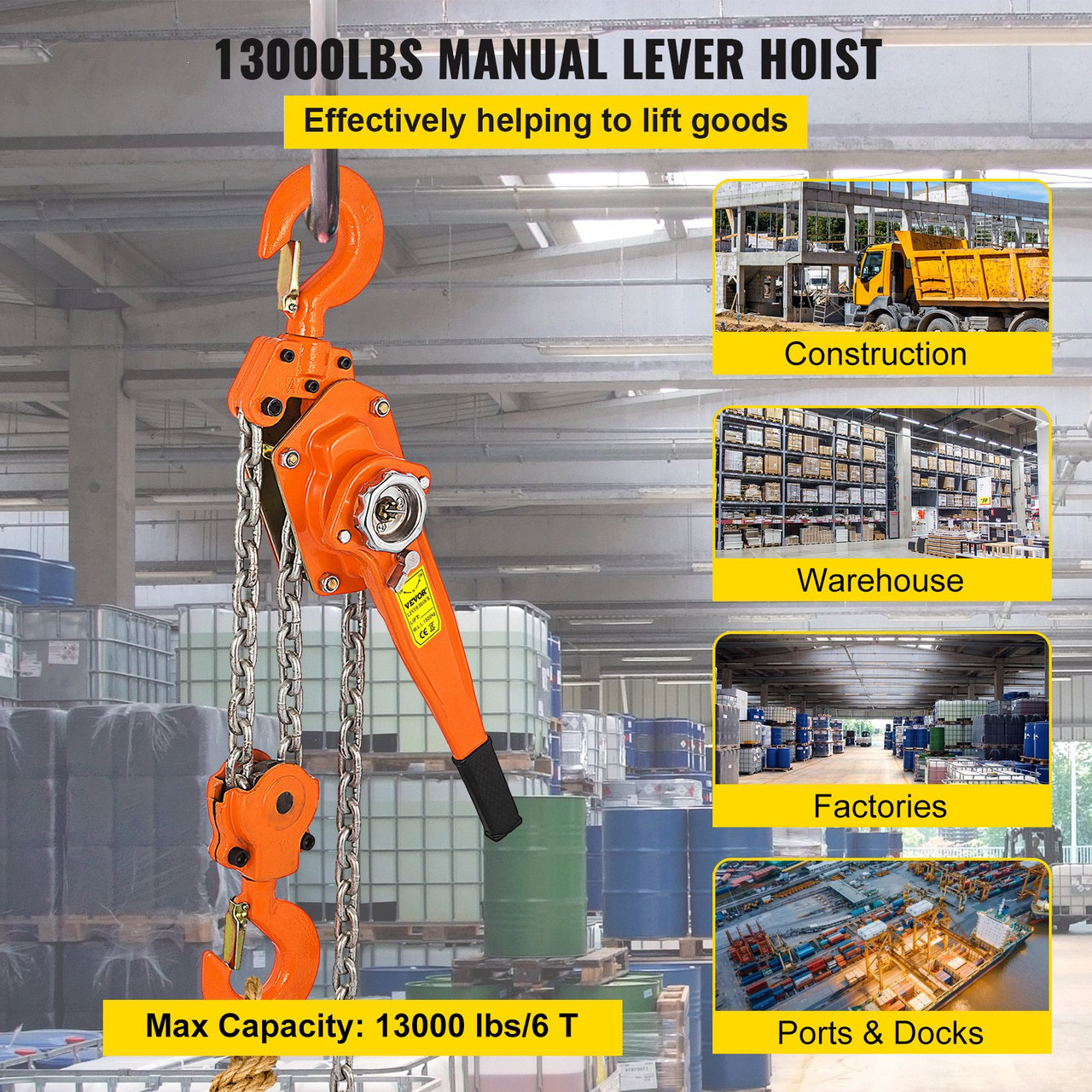 Chain Hoist Lever Hoist 6T Capacity with 6M Chain and Heavy Duty Hooks