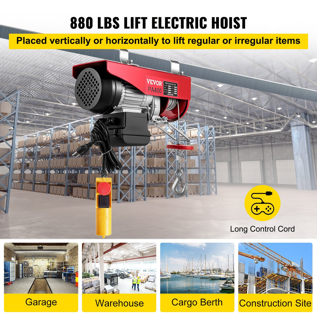 Electric Hoist, 880LBS Electric Winch, Steel Electric Lift, 110V Electric Hoist with Remote Control & Single/Double Slings for Lifting in Factories, Warehouses, Construction Site, Mine Filed