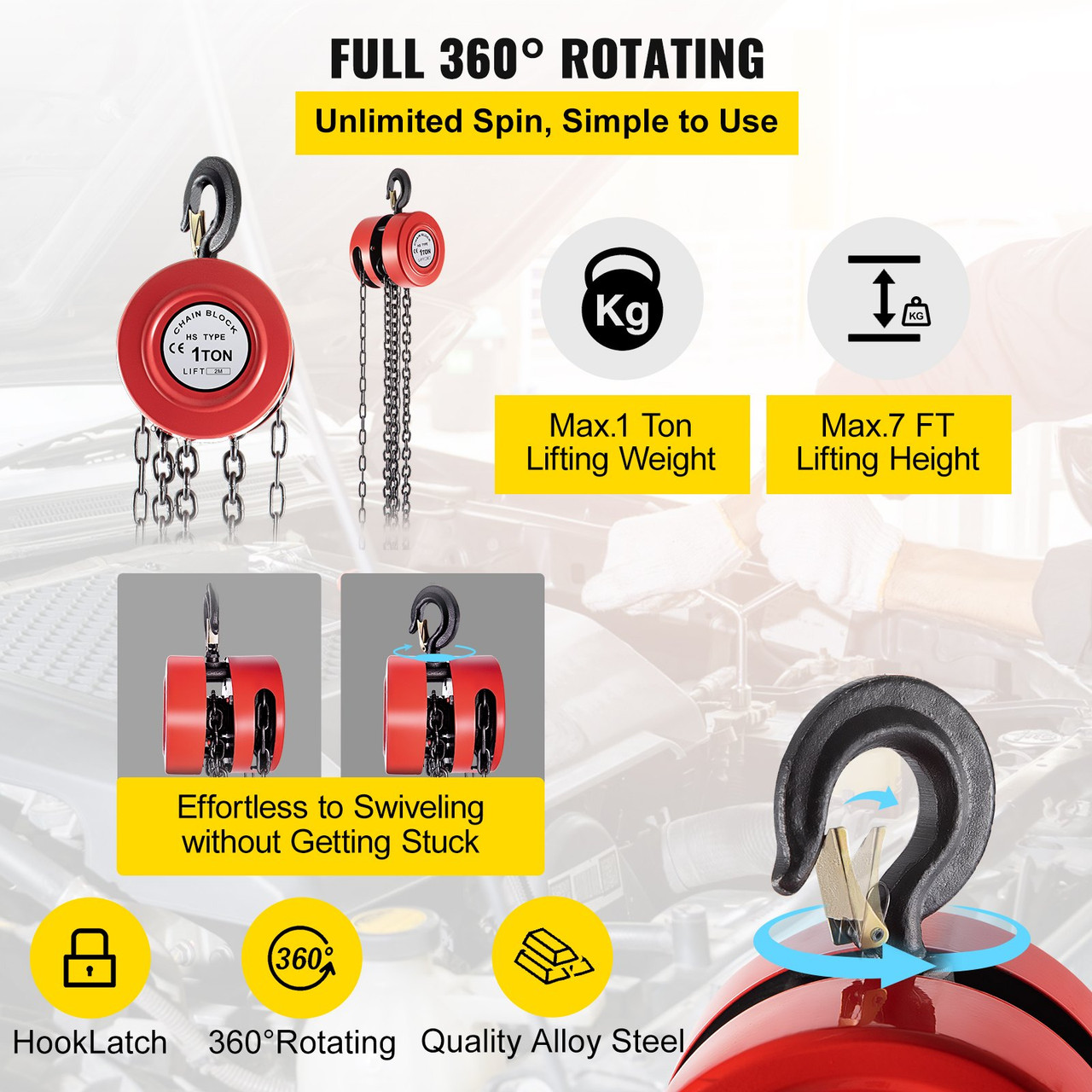 Chain Hoist Chain Block 1 Ton Capacity 7 Feet Lift Steel Construction Red