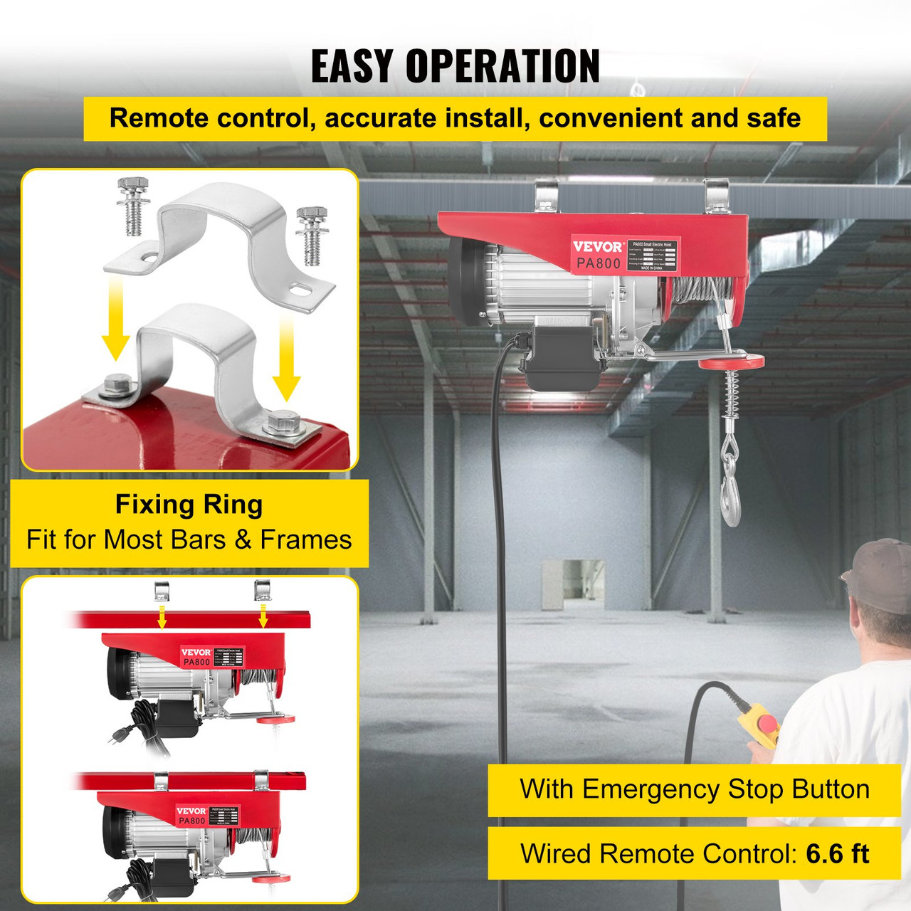 Electric Wire Cable Hoist Winch Crane Lift 1760LBS with 6.6ft Control Cord