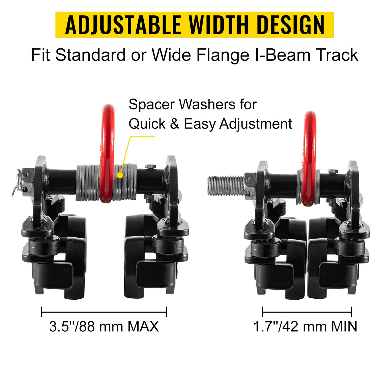 Manual Trolley, 1650LBS/0.75Ton Load Capacity Beam Trolley, 1.7"-3.5" Adjustable Width Push Beam, Track Roller Trolley with Dual Wheels Garage Hoist for Straight Curved I Beam