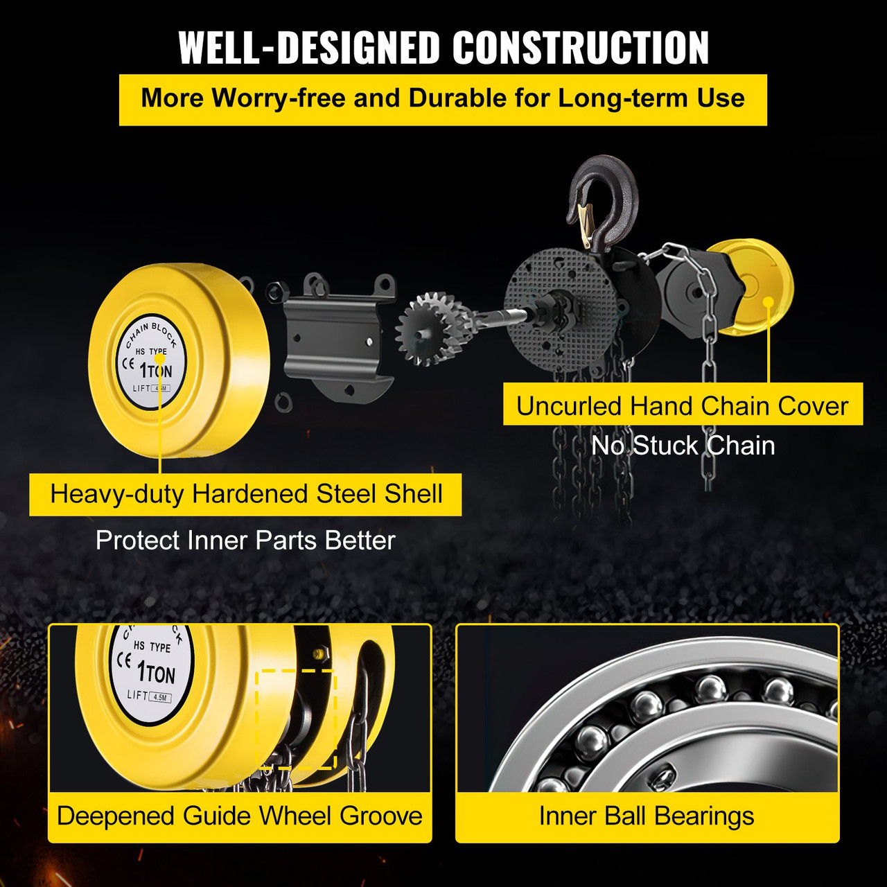 Hand Chain Hoist, 2200 lbs /1 Ton Capacity Chain Block, 15ft/4.5m Lift Manual Hand Chain Block, Manual Hoist w/Industrial-Grade Steel Construction for Lifting Good in Transport & Workshop, Yell