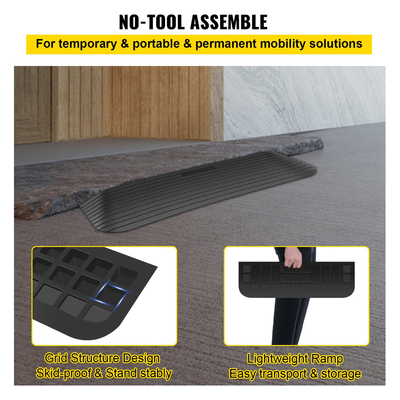 Rubber Threshold Ramp, 1.5" Rise Threshold Ramp Doorway, Recycled Rubber Power Threshold Ramp Rated 2200Lbs Load Capacity, Non-Slip Surface Rubber Solid Threshold Ramp for Wheelchair and Scooter
