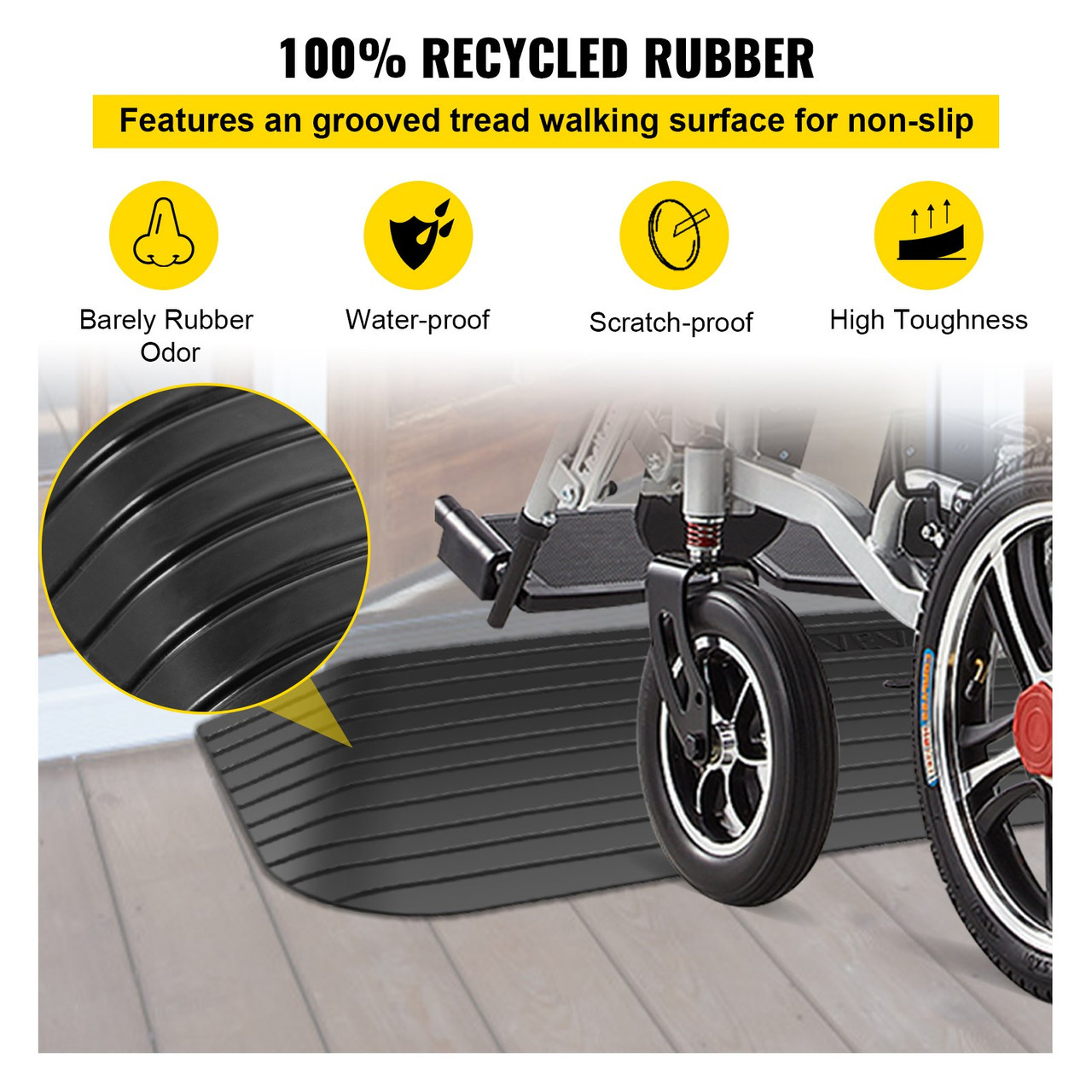 Rubber Threshold Ramp, 1.5" Rise Threshold Ramp Doorway, Recycled Rubber Power Threshold Ramp Rated 2200Lbs Load Capacity, Non-Slip Surface Rubber Solid Threshold Ramp for Wheelchair and Scooter