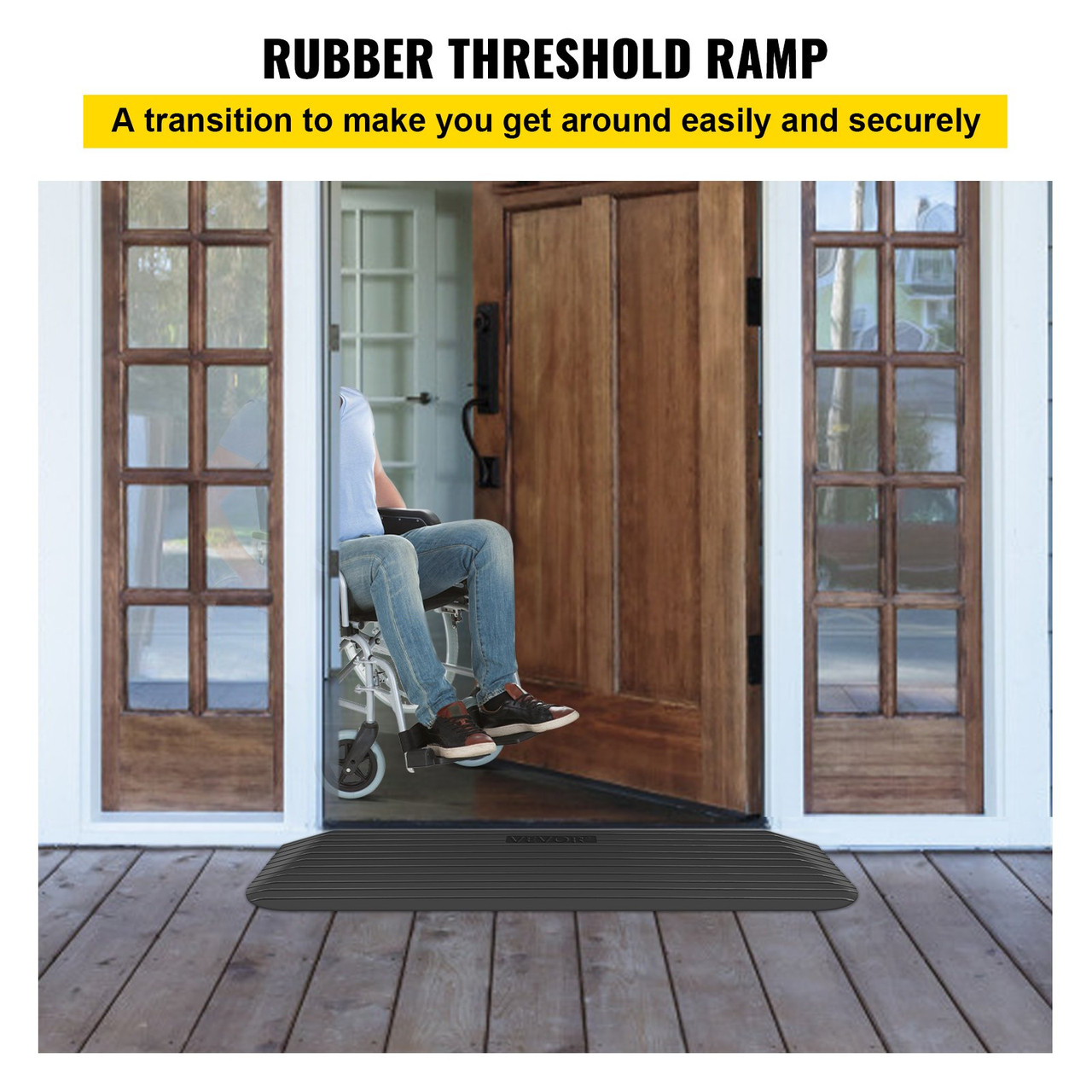 Rubber Threshold Ramp, 1.5" Rise Threshold Ramp Doorway, Recycled Rubber Power Threshold Ramp Rated 2200Lbs Load Capacity, Non-Slip Surface Rubber Solid Threshold Ramp for Wheelchair and Scooter