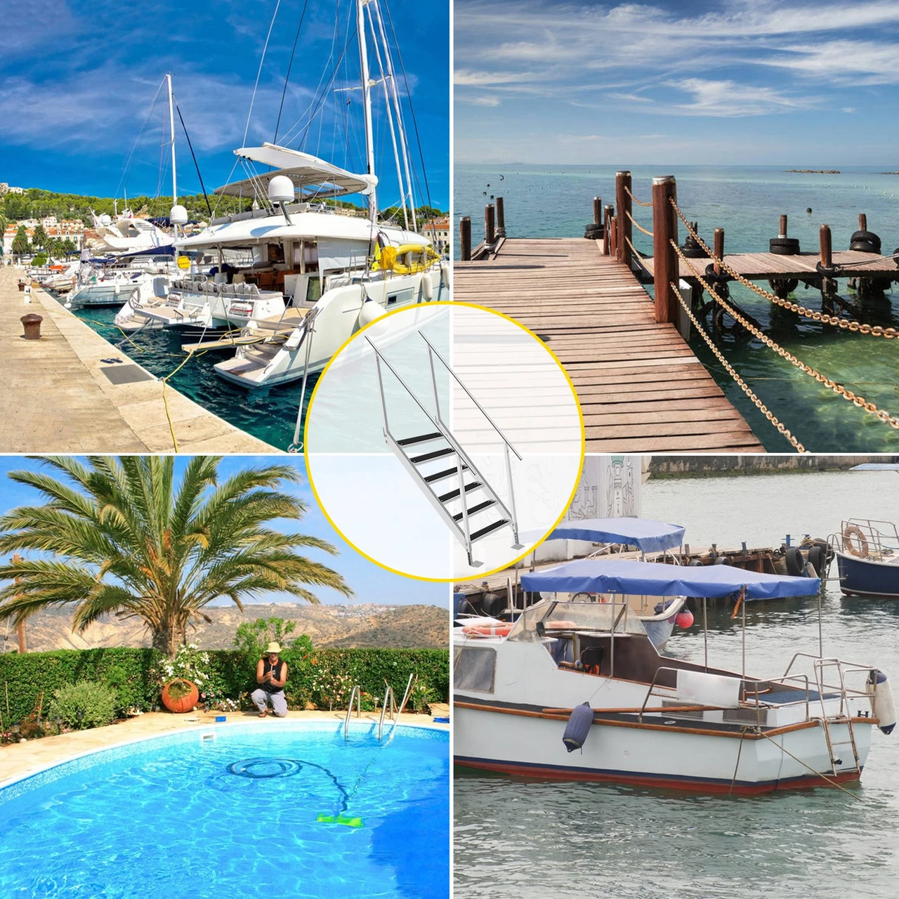 Dock Ladder with Rubber Mat, Dock Steps 30"-39" Adjustable Height, Dock Stairs Aluminum 6 Step, Each Step 22" x 4", 500Lbs Load, for Lake, Marine Boarding, Pool