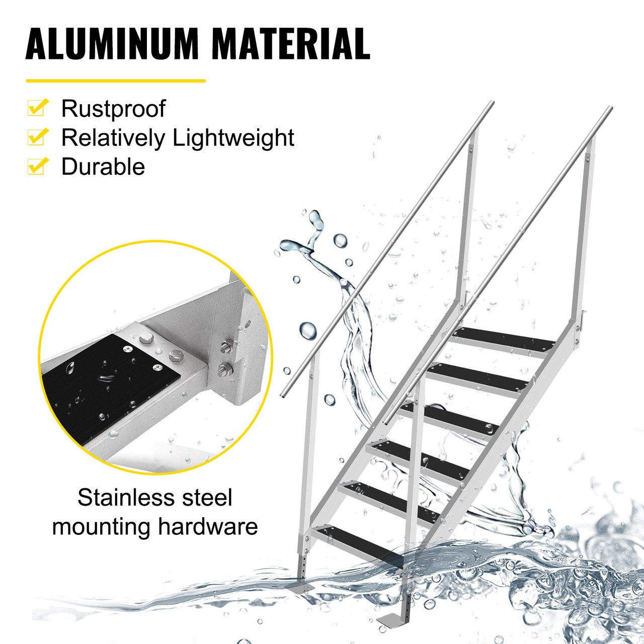 Dock Ladder with Rubber Mat, Dock Steps 30"-39" Adjustable Height, Dock Stairs Aluminum 6 Step, Each Step 22" x 4", 500Lbs Load, for Lake, Marine Boarding, Pool