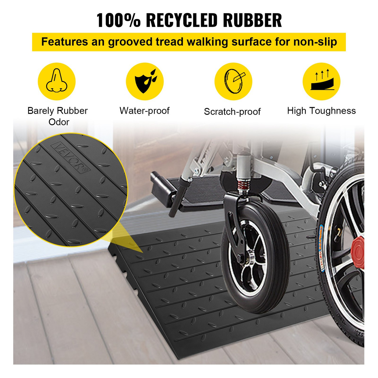 Rubber Threshold Ramp, 3" Rise Threshold Ramp Doorway, 3 Channels Cord Cover Rubber Solid Threshold Ramp, Transitions Rubber Angled Entry Rated 2200 Lbs Load Capacity for Wheelchair and Scooter