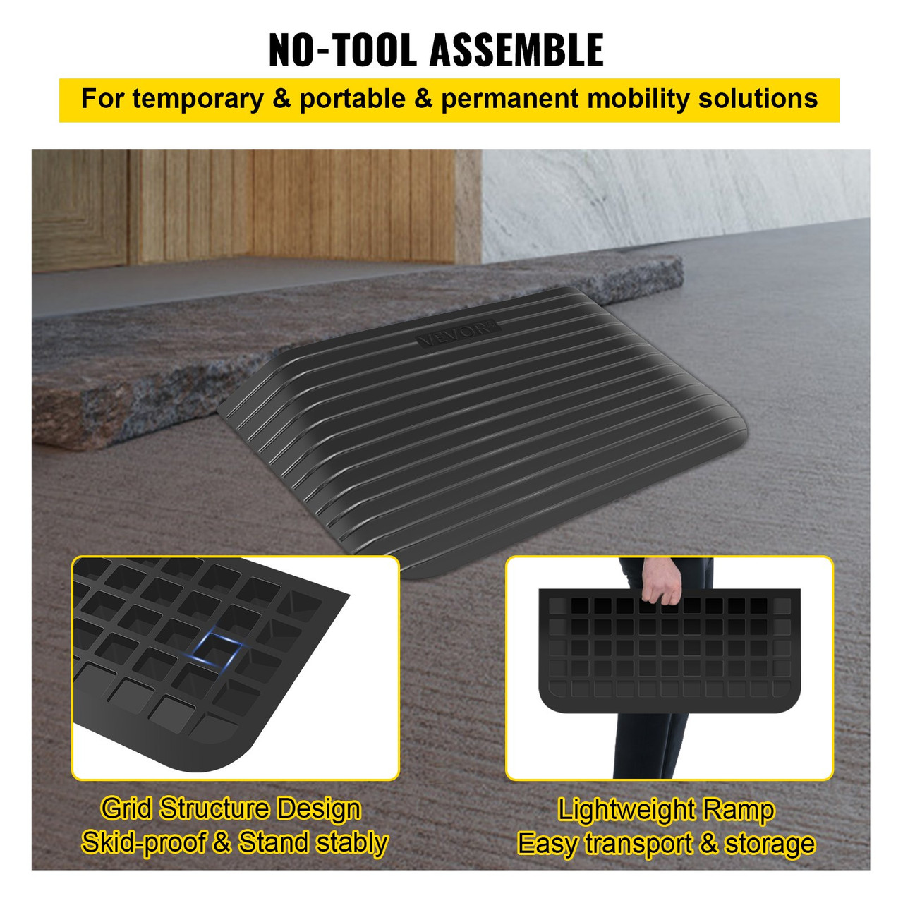 Rubber Threshold Ramp, 3" Rise Threshold Ramp Doorway, Recycled Rubber Power Threshold Ramp Rated 2200 Lbs Load Capacity, Non-Slip Surface Rubber Solid Threshold Ramp for Wheelchair and Scooter