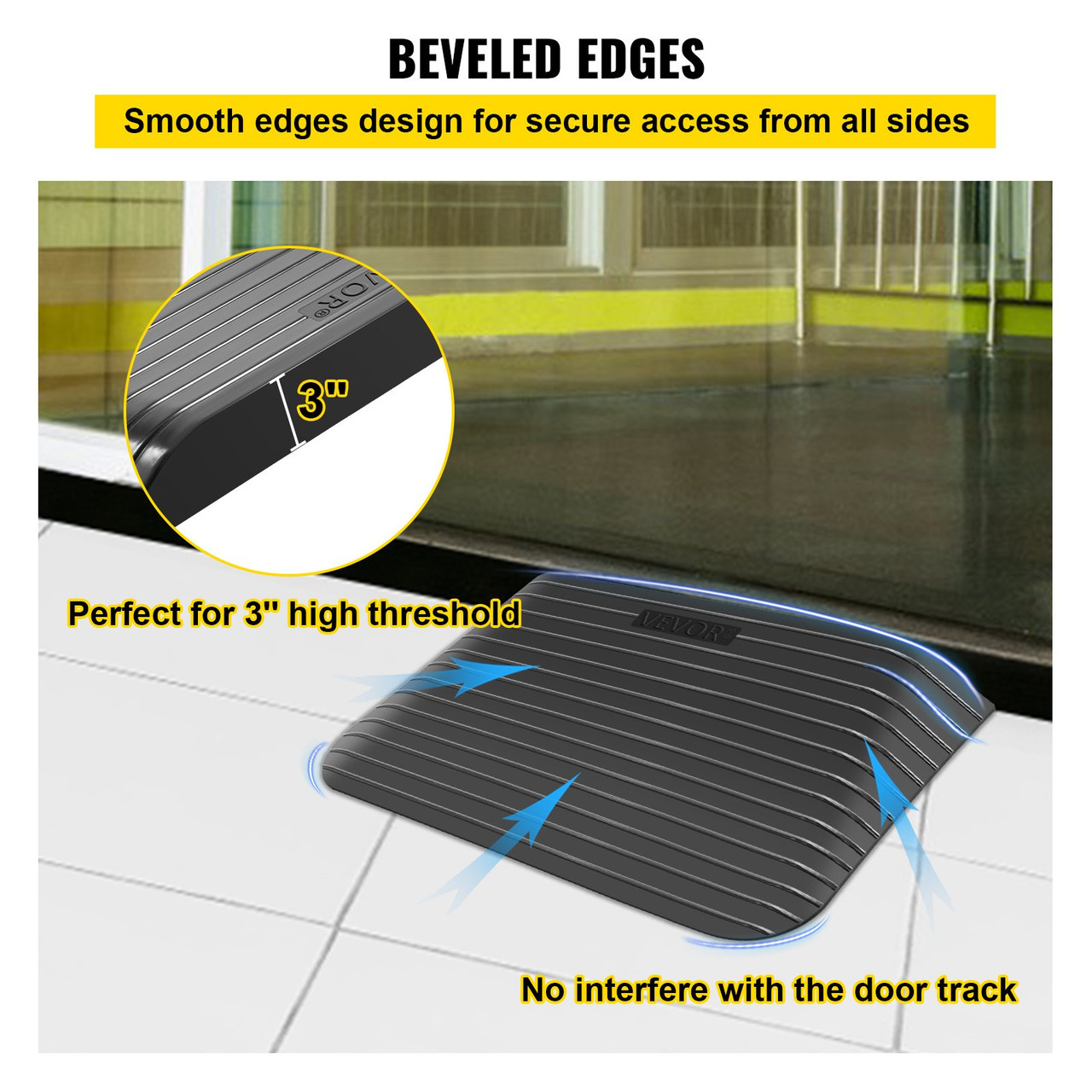 Rubber Threshold Ramp, 3" Rise Threshold Ramp Doorway, Recycled Rubber Power Threshold Ramp Rated 2200 Lbs Load Capacity, Non-Slip Surface Rubber Solid Threshold Ramp for Wheelchair and Scooter