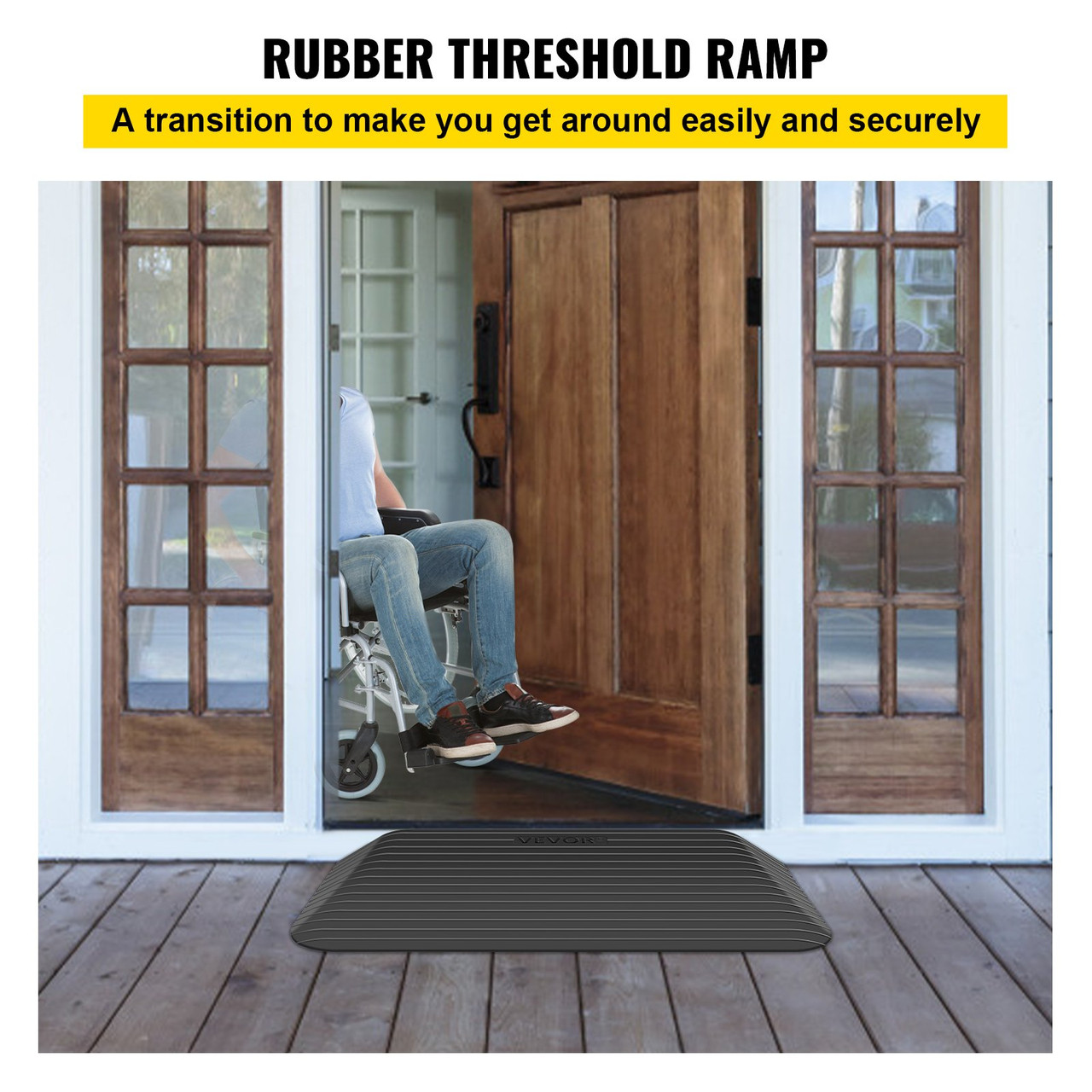 Rubber Threshold Ramp, 3" Rise Threshold Ramp Doorway, Recycled Rubber Power Threshold Ramp Rated 2200 Lbs Load Capacity, Non-Slip Surface Rubber Solid Threshold Ramp for Wheelchair and Scooter