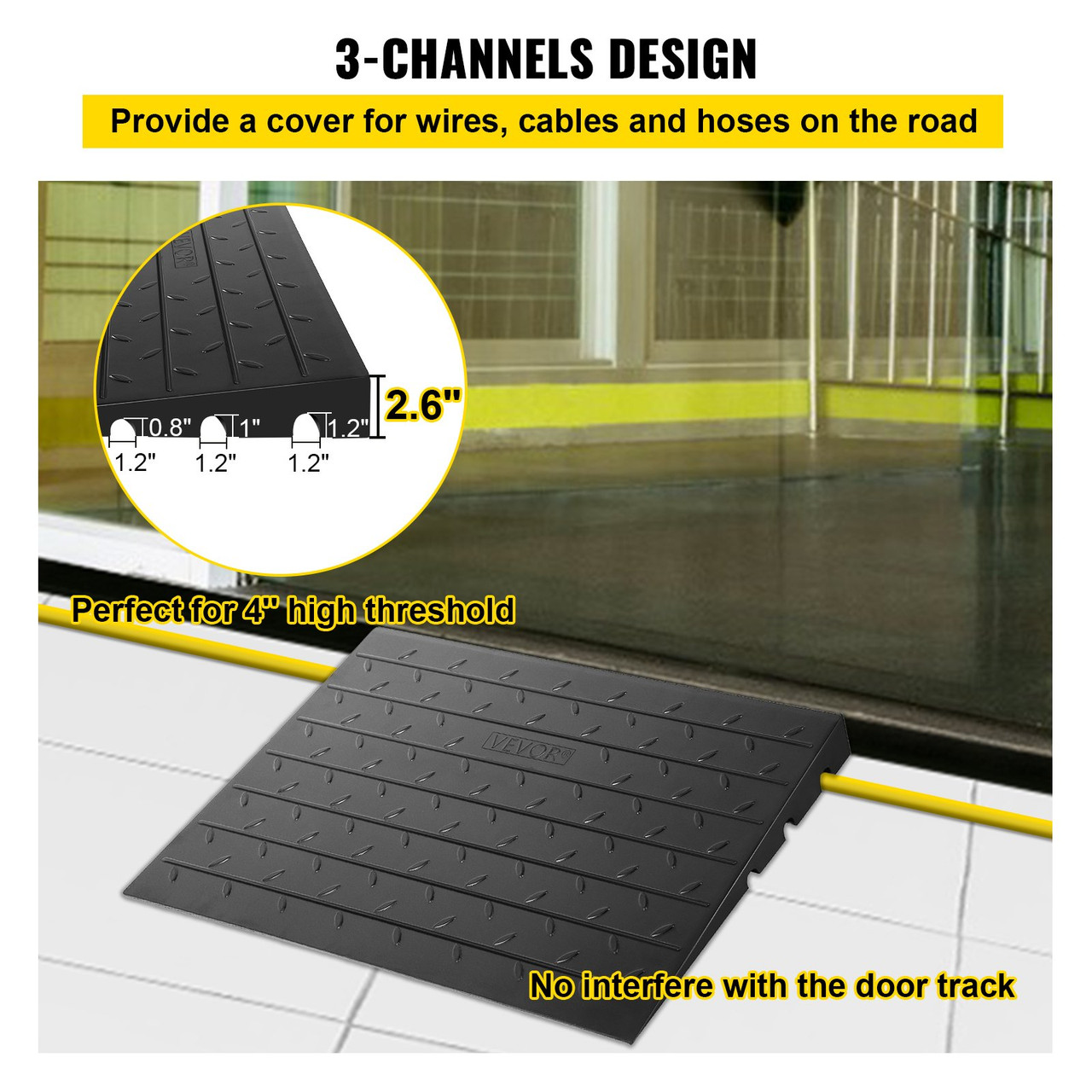 Rubber Threshold Ramp, 2.6" Rise Threshold Ramp Doorway, 3 Channels Cord Cover Rubber Solid Threshold Ramp, Transitions Rubber Angled Entry Rated 2200Lbs Load Capacity for Wheelchair and Scooter