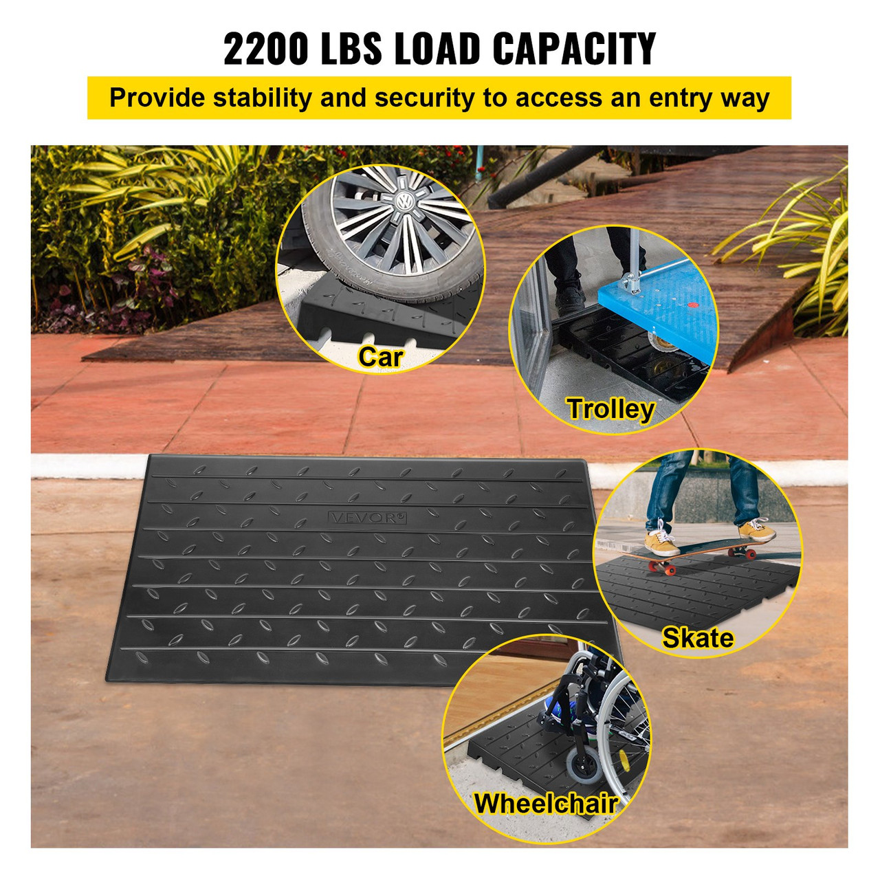 Rubber Threshold Ramp, 4" Rise Threshold Ramp Doorway, 3 Channels Cord Cover Rubber Solid Threshold Ramp, Transitions Rubber Angled Entry Rated 2200 Lbs Load Capacity for Wheelchair and Scooter
