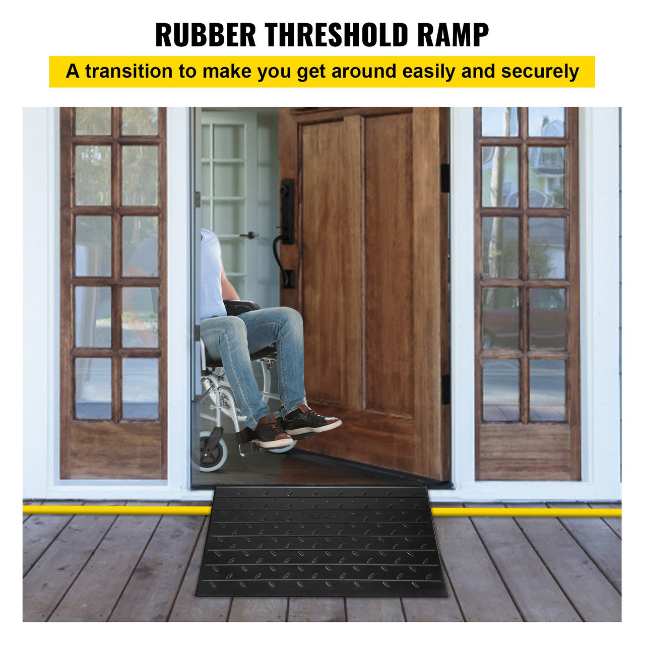 Rubber Threshold Ramp, 4" Rise Threshold Ramp Doorway, 3 Channels Cord Cover Rubber Solid Threshold Ramp, Transitions Rubber Angled Entry Rated 2200 Lbs Load Capacity for Wheelchair and Scooter