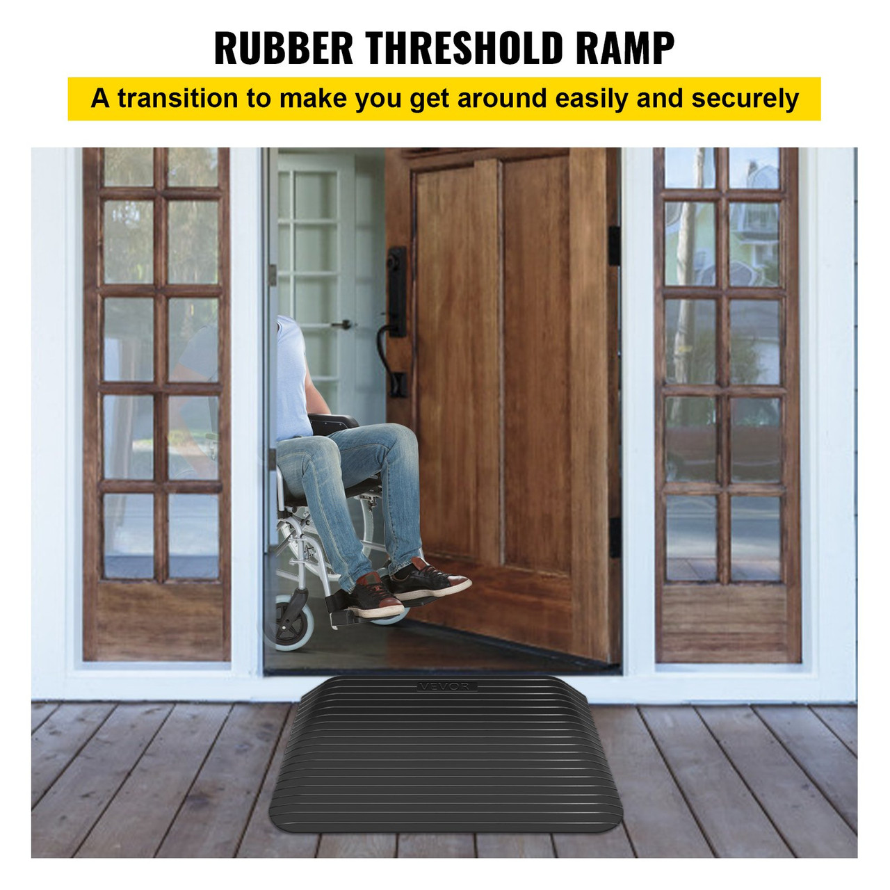 Rubber Threshold Ramp, 4" Rise Threshold Ramp Doorway, Recycled Rubber Power Threshold Ramp Rated 2200 Lbs Load Capacity, Non-Slip Surface Rubber Solid Threshold Ramp for Wheelchair and Scooter
