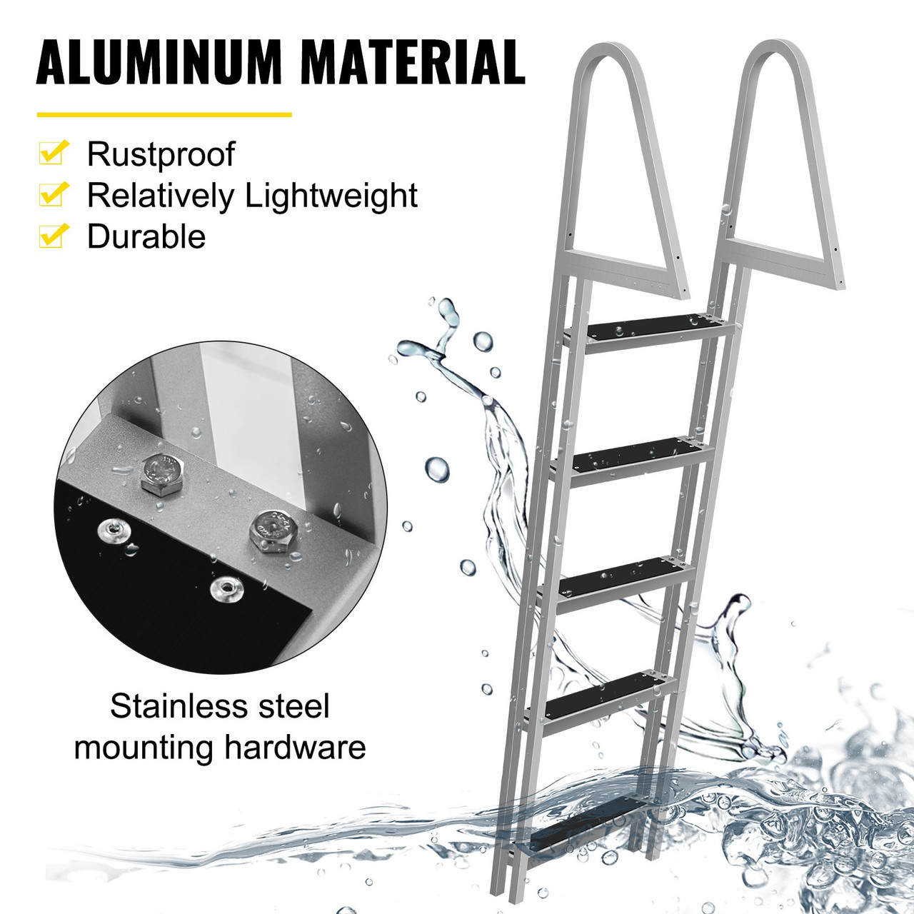 Removable Dock Ladder with Rubber Mat, Pontoon Boat Ladder with Mounting Hardware, Swim Ladder Aluminum 5 Step, Each Step 16" x 4", 350Lbs Load, for Lake, Marine Boarding, Pool