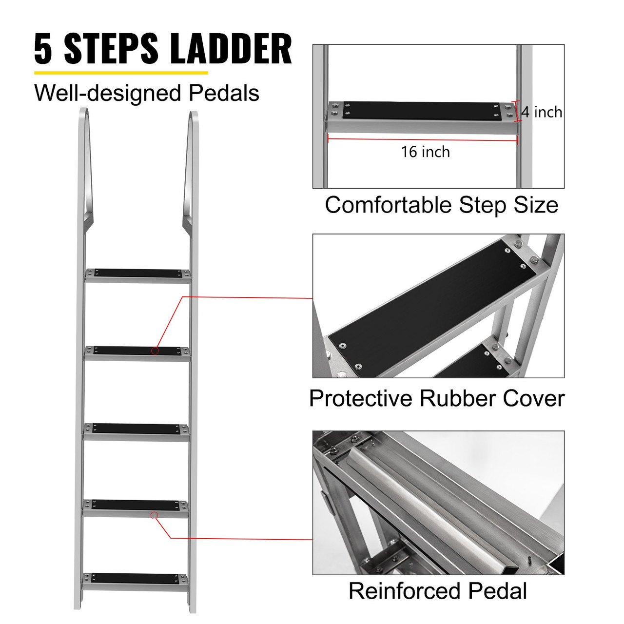 Removable Dock Ladder with Rubber Mat, Pontoon Boat Ladder with Mounting Hardware, Swim Ladder Aluminum 5 Step, Each Step 16" x 4", 350Lbs Load, for Lake, Marine Boarding, Pool