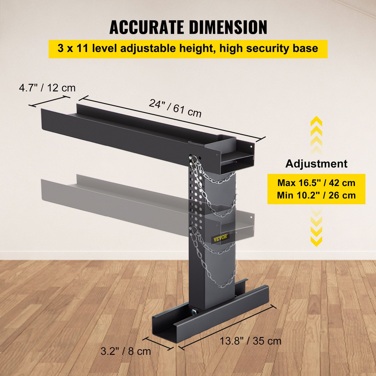 Ladder Extender 20x4.7-Inch, Extension Ladder 10.5-16.7-Inch Adjustable Height Range, Ladder Leveling Tool, Stair Ladder Extension with Chain Pins in Steel for Stairs, in Black Powder Coated