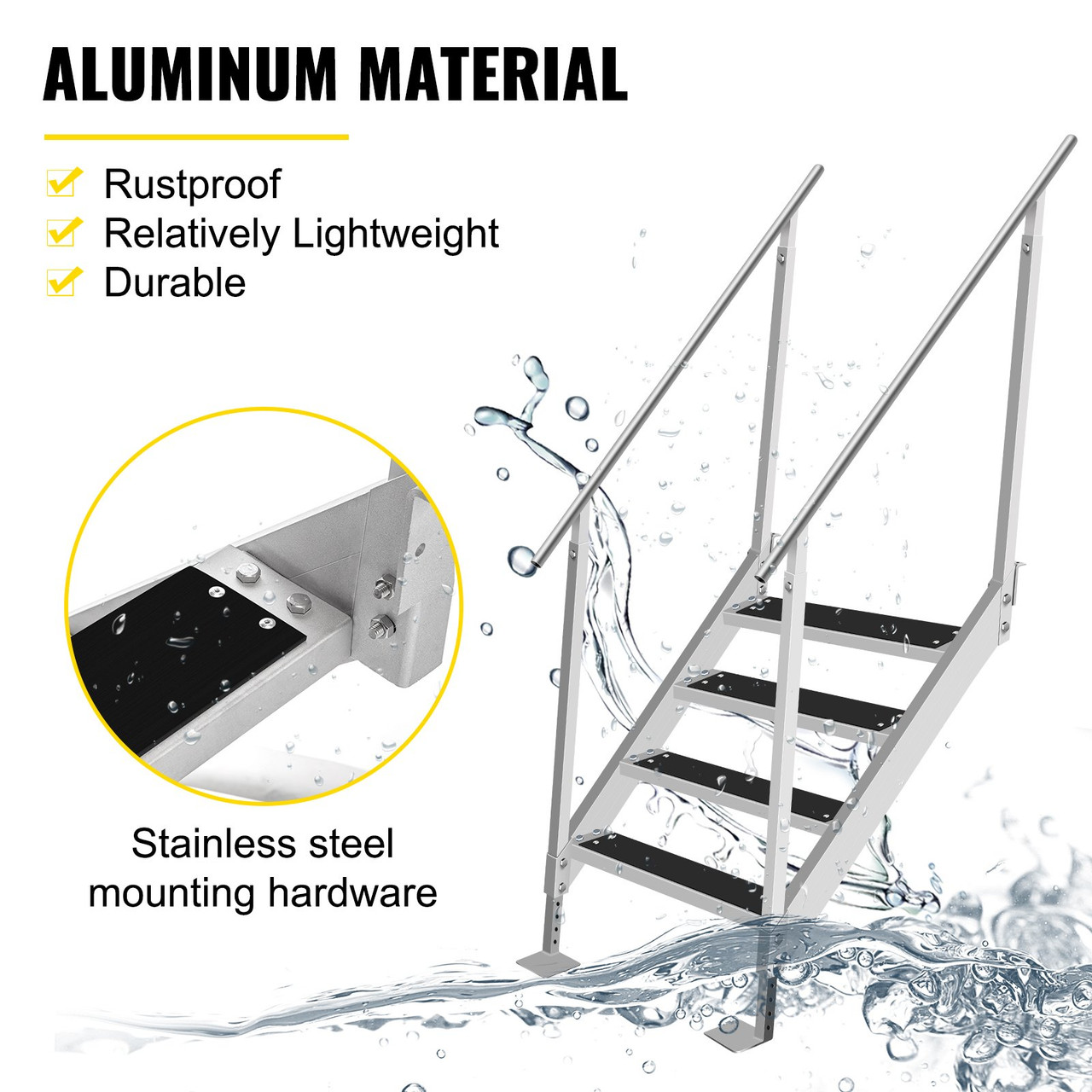 Dock Ladder with Rubber Mat, Dock Steps 30"-39" Adjustable Height, Dock Stairs Aluminum 4 Step, Each Step 22" x 4", 500Lbs Load, for Lake, Marine Boarding, Pool