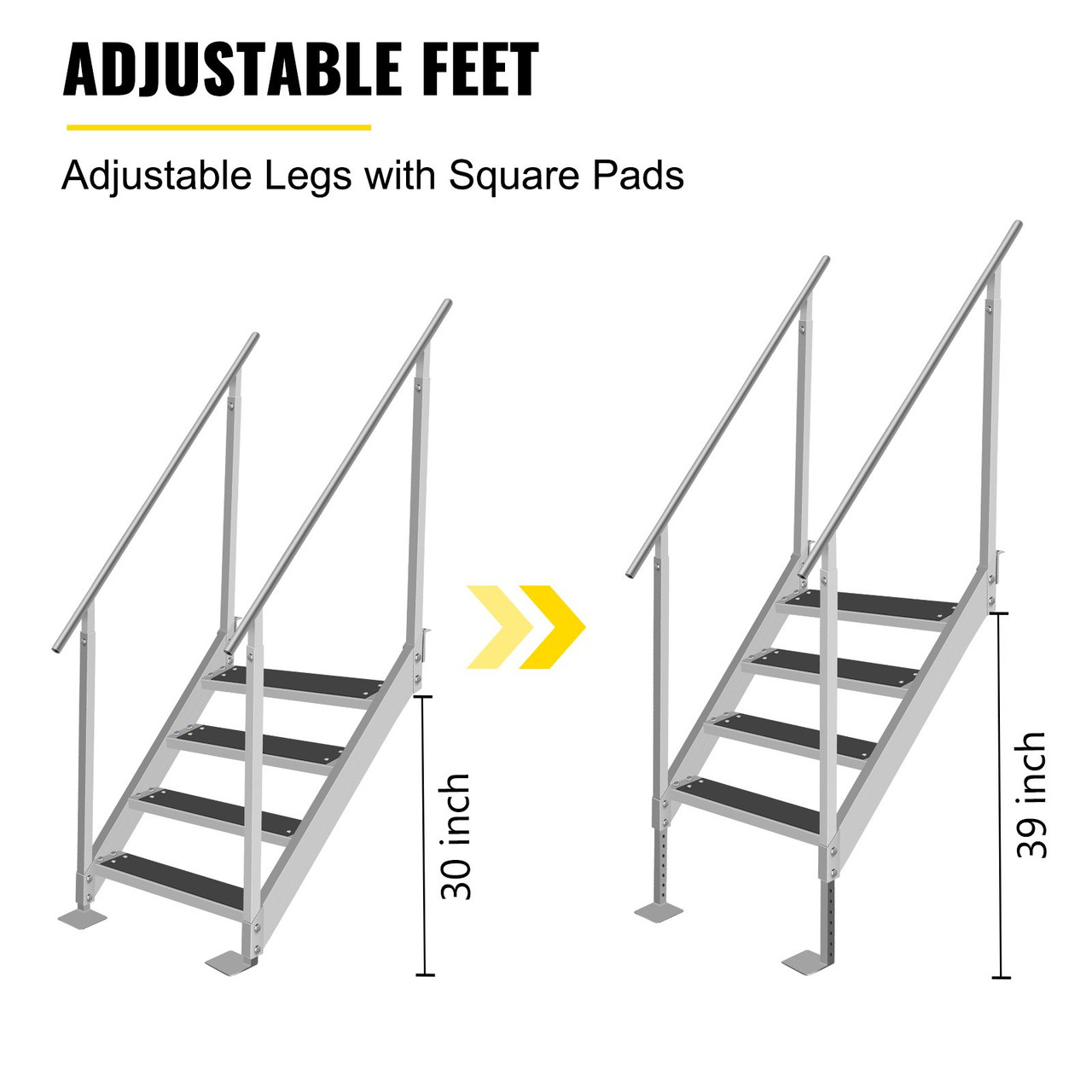 Dock Ladder with Rubber Mat, Dock Steps 30"-39" Adjustable Height, Dock Stairs Aluminum 4 Step, Each Step 22" x 4", 500Lbs Load, for Lake, Marine Boarding, Pool