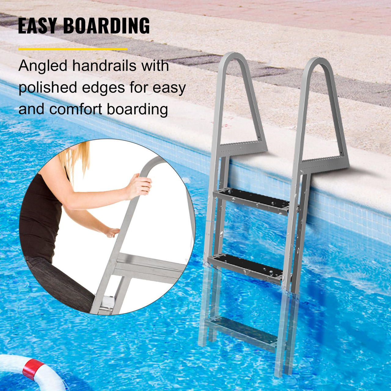 Removable Dock Ladder with Rubber Mat, Pontoon Boat Ladder with Mounting Hardware, Swim Ladder Aluminum 3 Step, Each Step 16" x 4", 350Lbs Load, for Lake, Marine Boarding, Pool