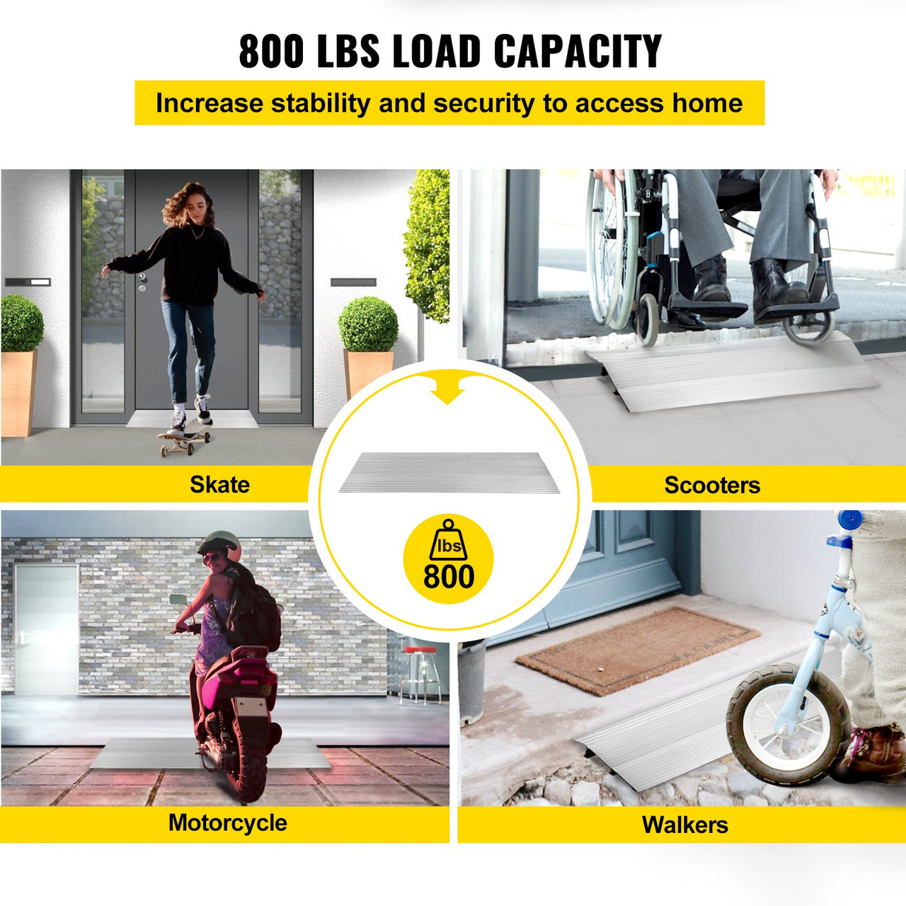 Door Threshold Ramp, 4" Rise Door Ramp for Wheelchairs, Aluminum Threshold Ramp for Doorways Rated 800 lbs Load Capacity, Adjustable Threshold Ramp for Wheelchairs, Scooters, and Power Chairs