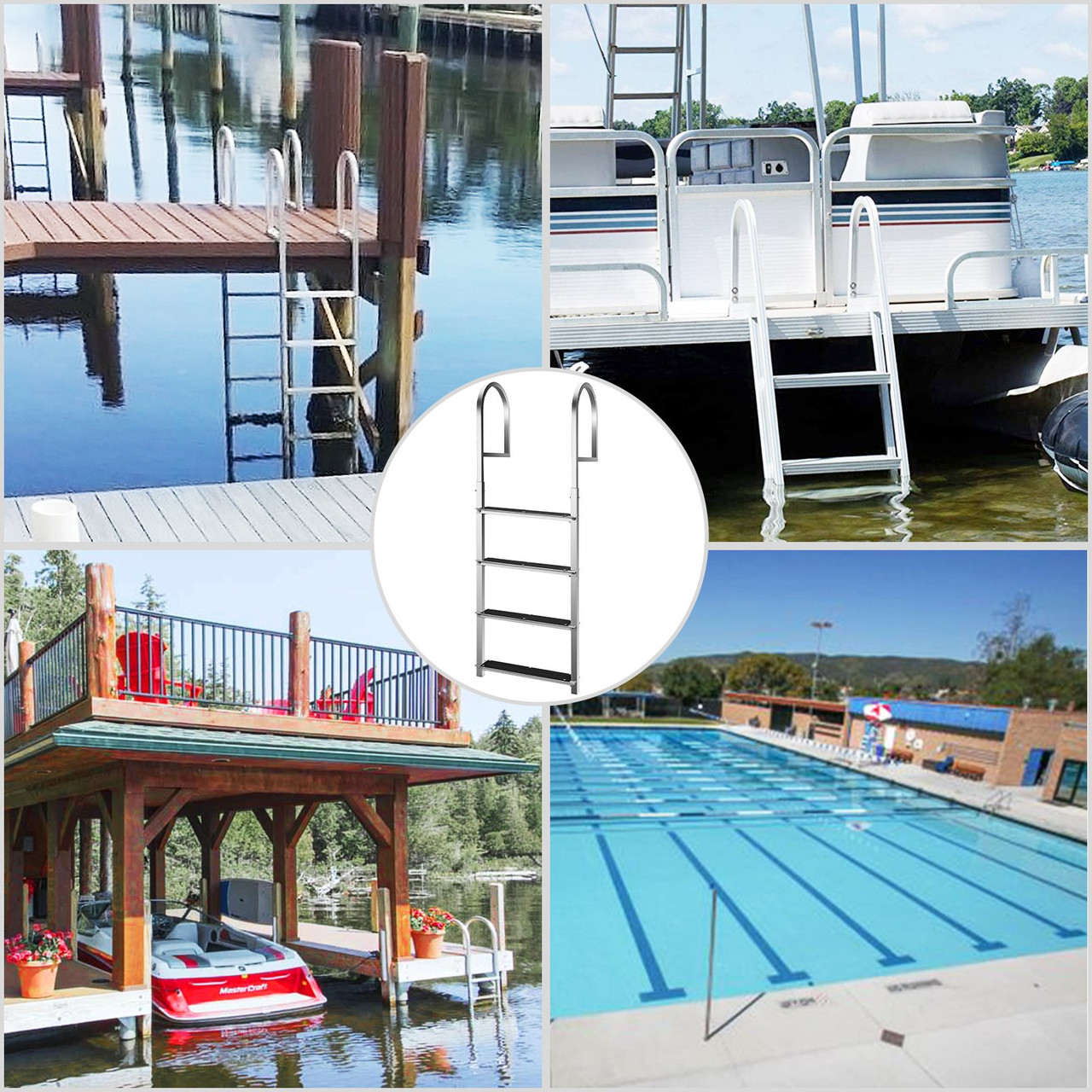 Dock Ladder with Rubber Mat, Pontoon Boat Ladder Aluminum 4 Step, Each Step 18" x 4", Swim Ladder 330Lbs Load, for Lake, Marine Boarding, Pool