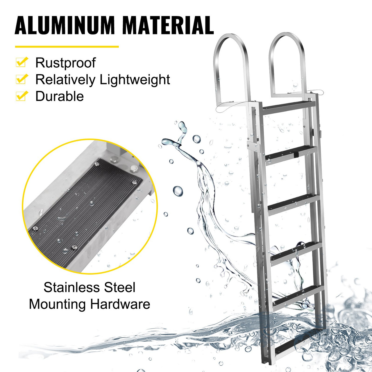 Retractable Dock Ladder with Rubber Mat, Pontoon Boat Ladder 41"-88.5" Adjustable Height, Swim Ladder Aluminum 6 Step, Each Step 20.5" x 4", 350Lbs Load, for Lake, Marine Boarding, Pool