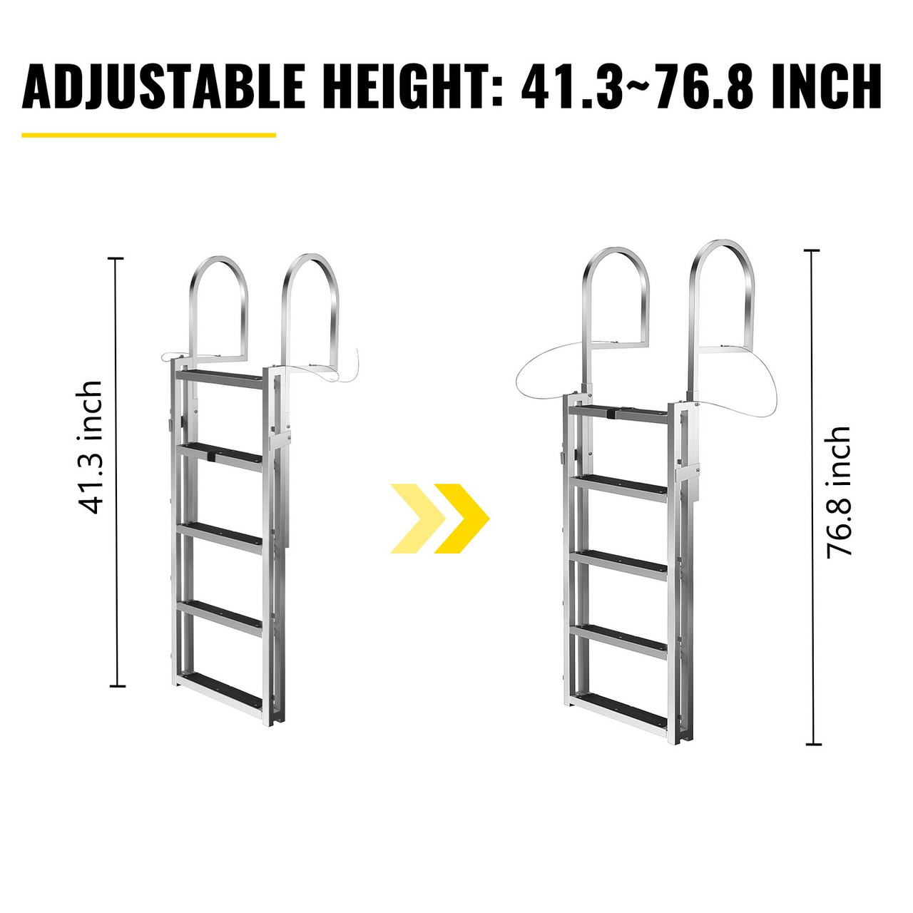 Retractable Dock Ladder with Rubber Mat, Pontoon Boat Ladder 41"-77" Adjustable Height, Swim Ladder Aluminum 5 Step, Each Step 20.5" x 4", 350Lbs Load, for Lake, Marine Boarding, Pool