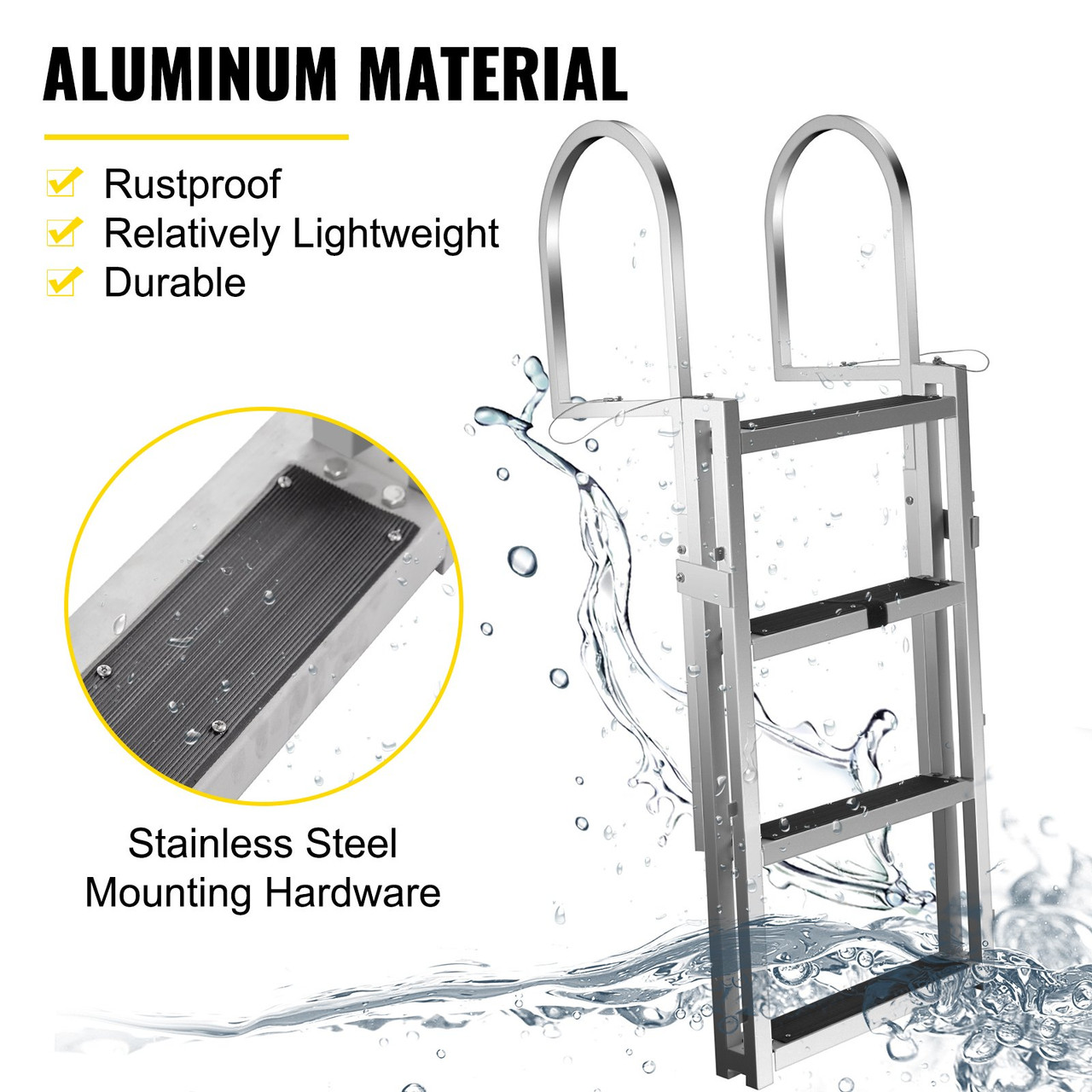 Retractable Dock Ladder with Rubber Mat, Pontoon Boat Ladder 41"-65" Adjustable Height, Swim Ladder Aluminum 4 Step, Each Step 20.5" x 4", 350Lbs Load, for Lake, Marine Boarding, Pool