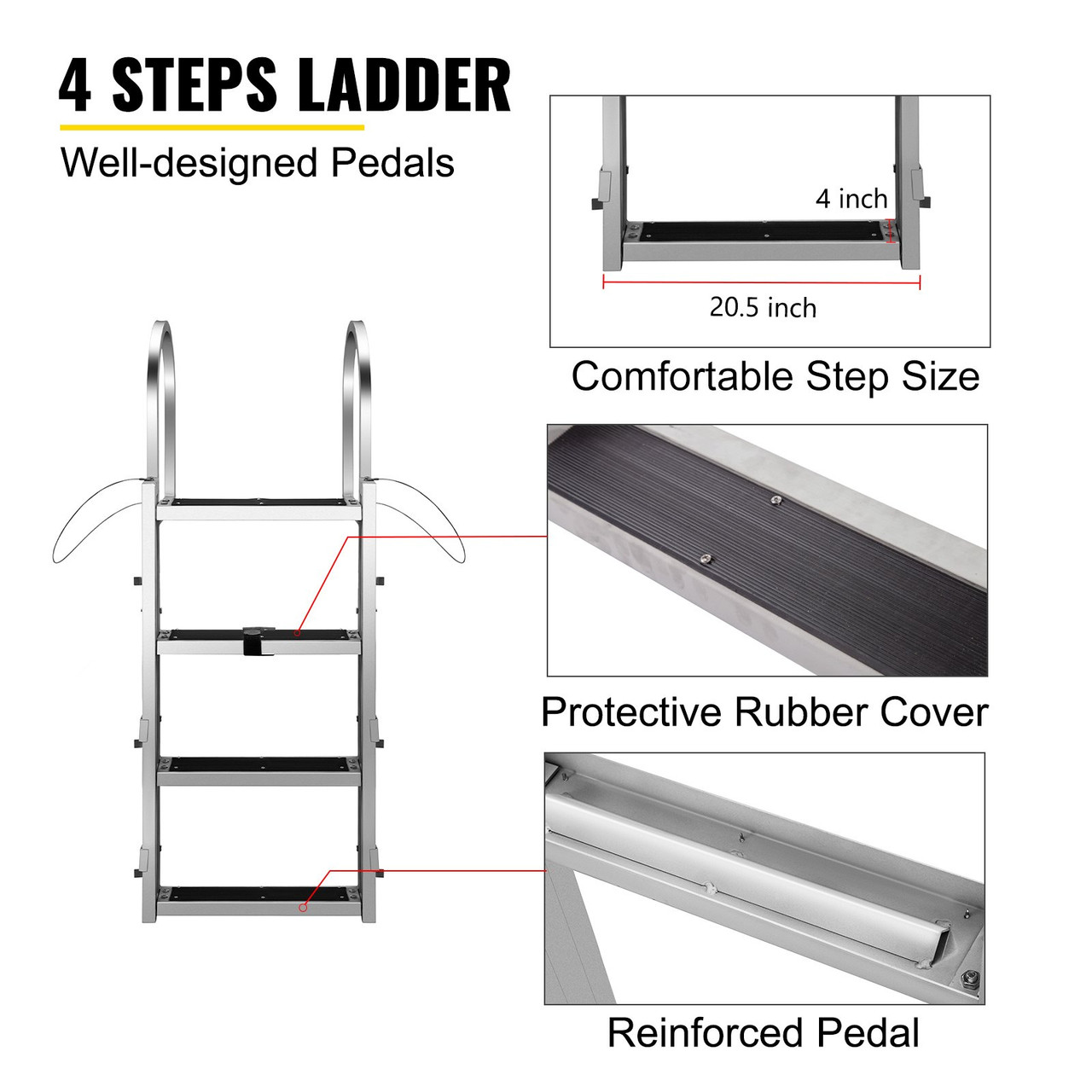 Retractable Dock Ladder with Rubber Mat, Pontoon Boat Ladder 41"-65" Adjustable Height, Swim Ladder Aluminum 4 Step, Each Step 20.5" x 4", 350Lbs Load, for Lake, Marine Boarding, Pool